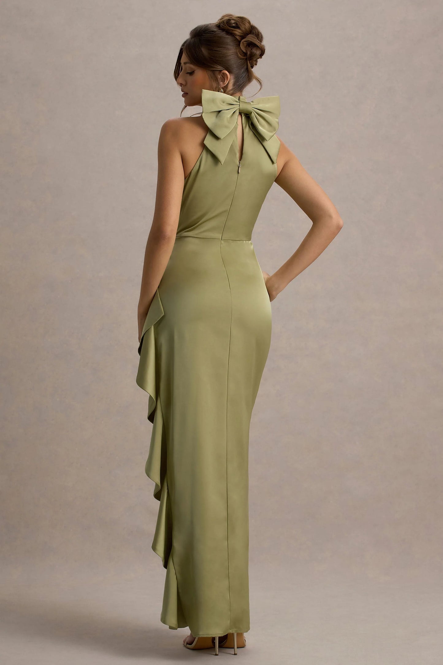 Maureen Light Green Satin High-Neck Draped Maxi Dress