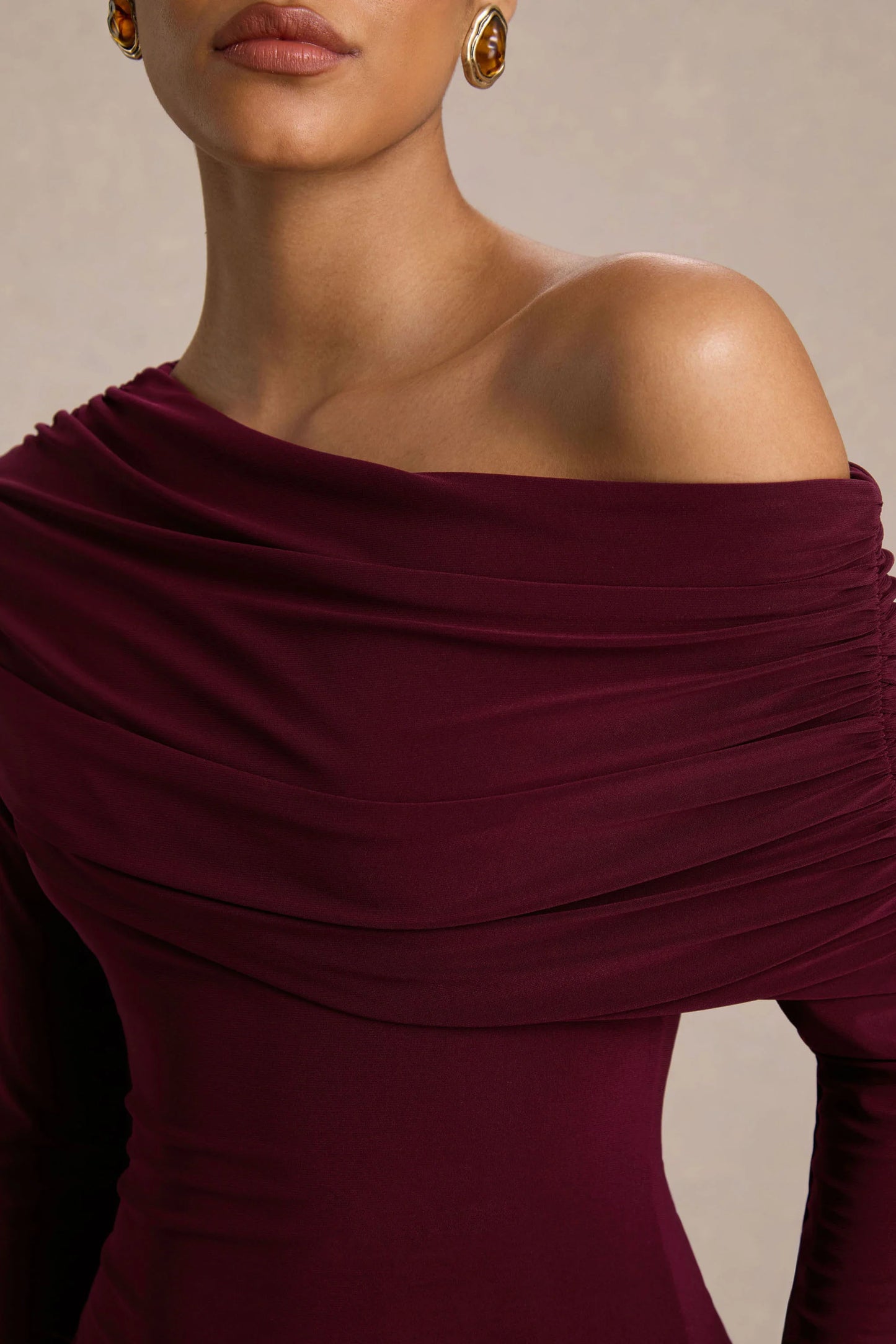 Farah Burgundy Asymmetric-Neck Maxi Dress With Drop Waist And Ruched Detailing