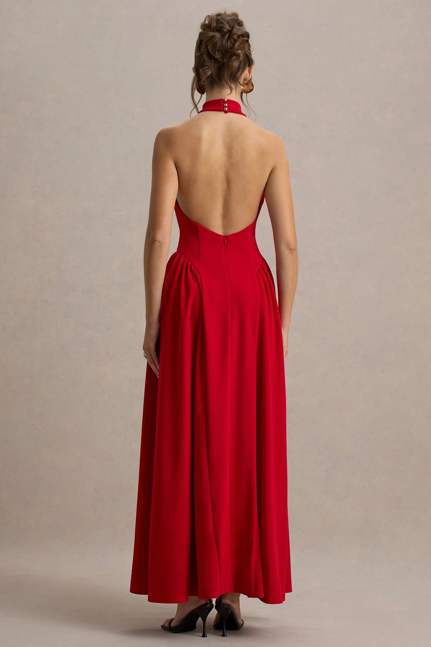 Cynthia Red High-Neck Maxi Dress With Volume Skirt