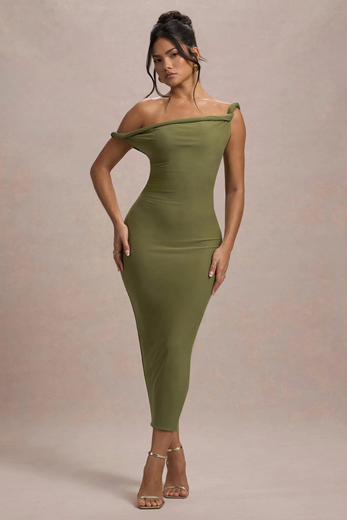 Salome Olive Twisted Asymmetric Midi Dress