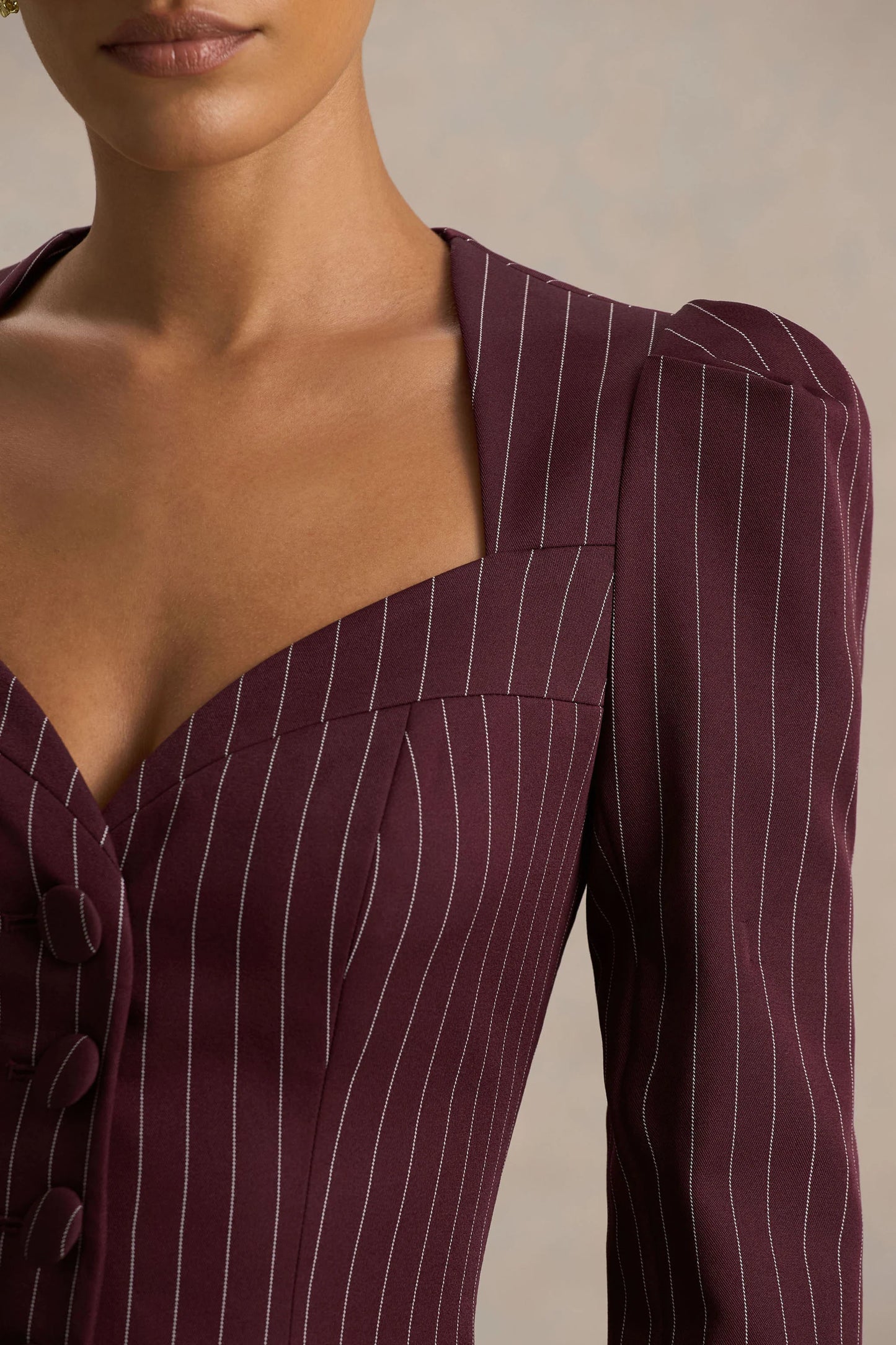 Lana Burgundy Pinstripe Woven Sweetheart-Neck Tailored Top