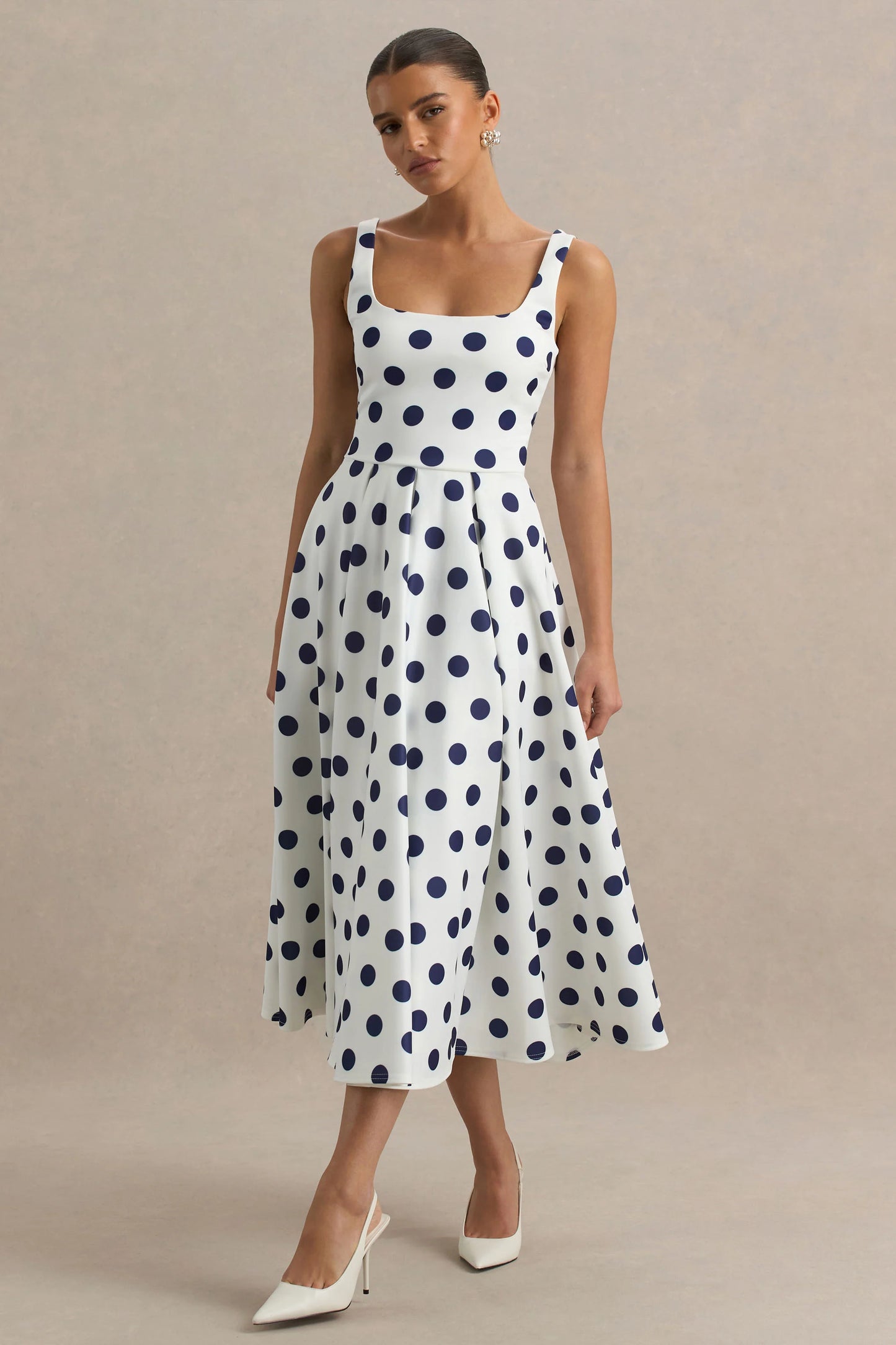 Berta White And Navy Polka-Dot Square-Neck Midi Dress
