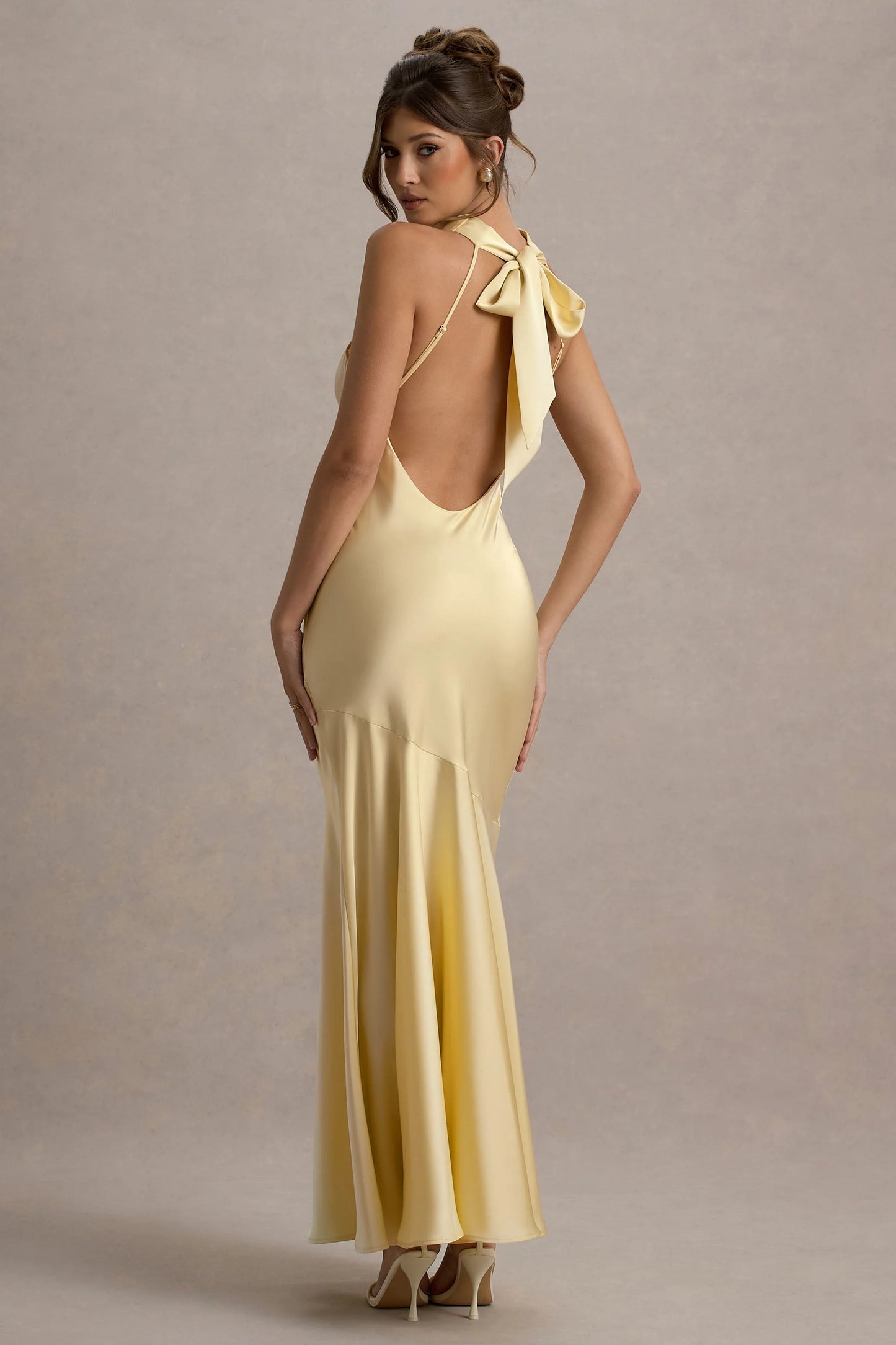 Amelita Lemon Satin Cowl-Neck Maxi Dress