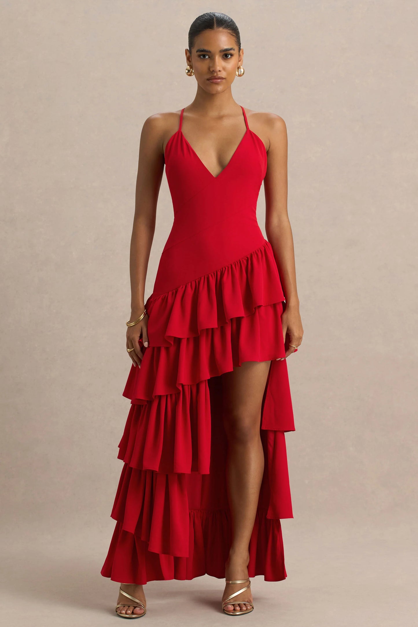 Bogota Red Plunge-Neck Maxi Dress With Ruffling Details And Front High Split