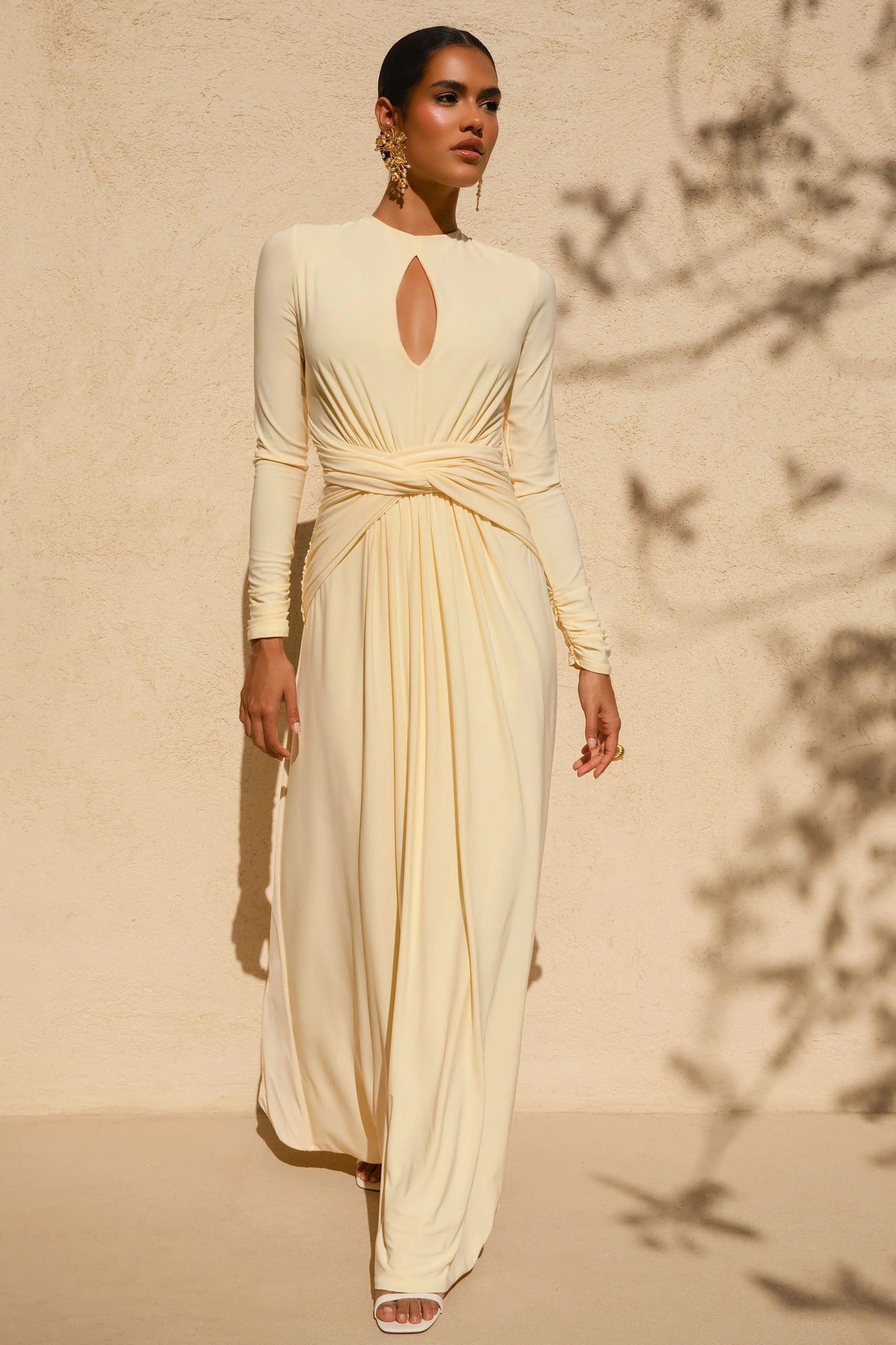 With Me Lemon High-Neck Maxi Dress With Ruched Detailing