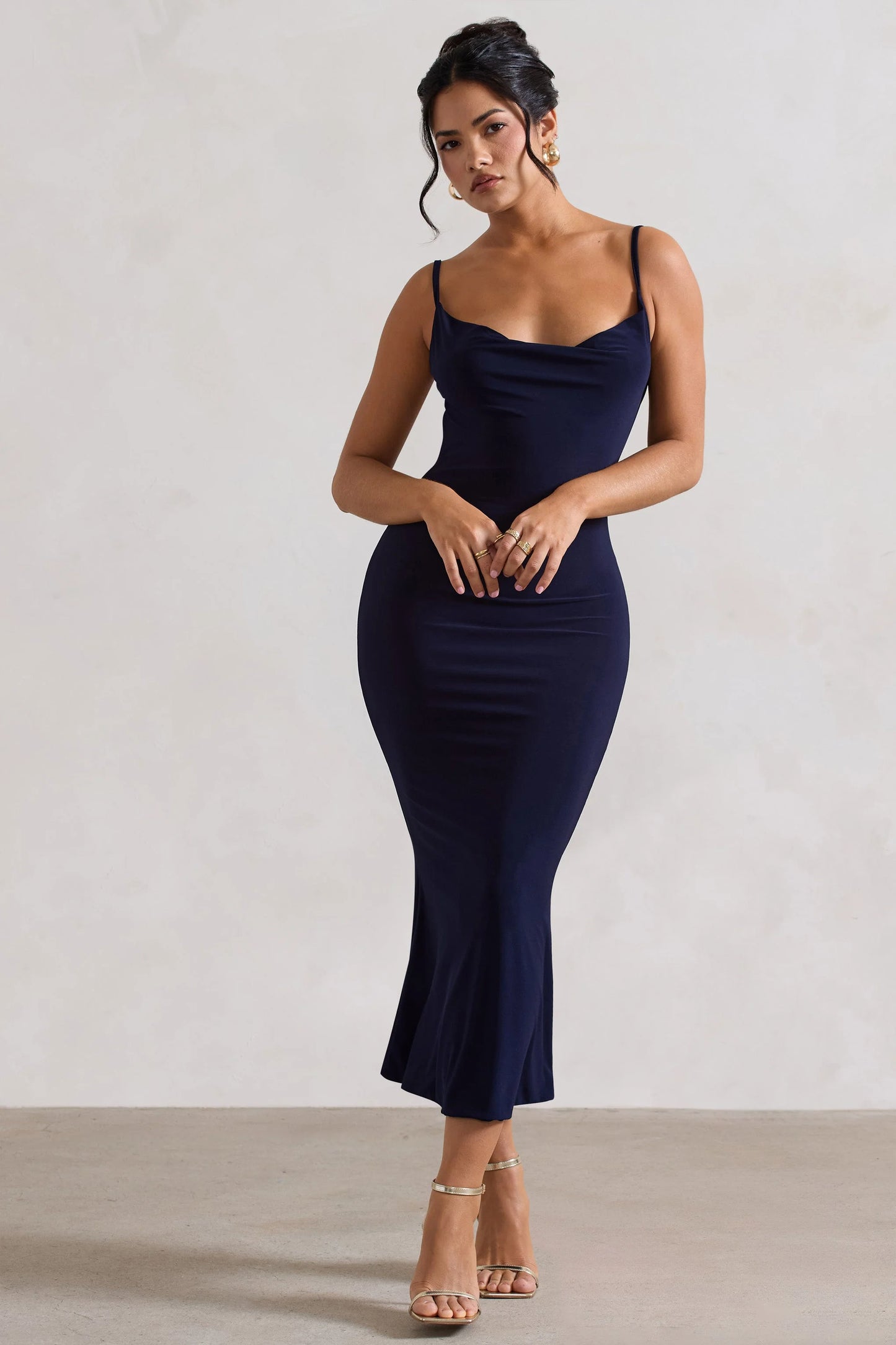 Addison Navy Cowl-Neck Open-Back Midi Dress With Lace