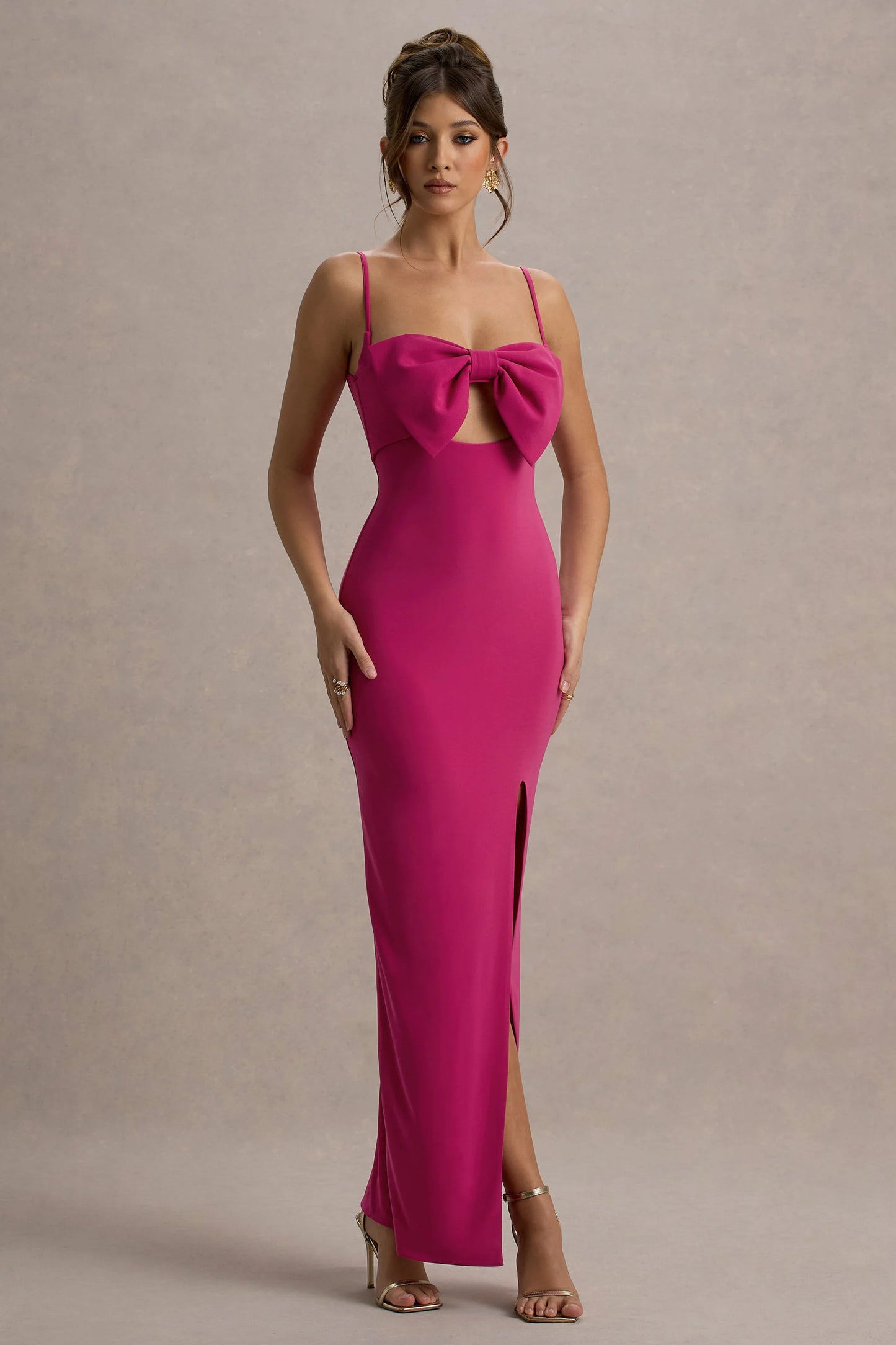 Emmalou Hot Pink Strappy Split Maxi Dress With Bow