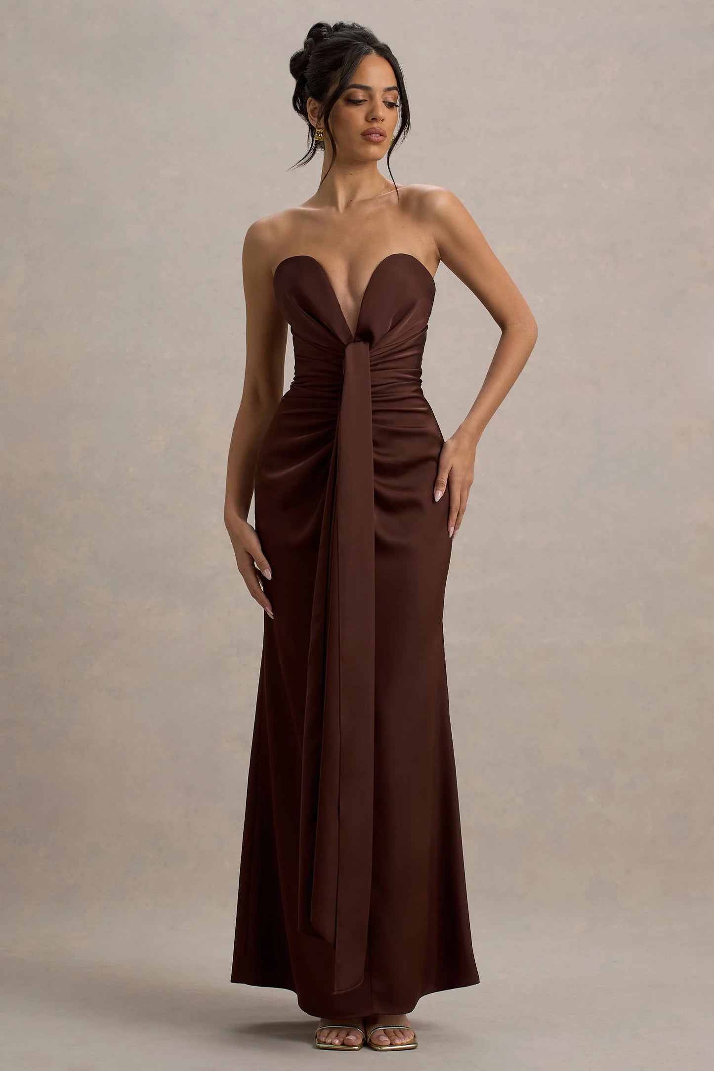 Mackenzie Brown Satin Plunge-Neck Draped Maxi Dress