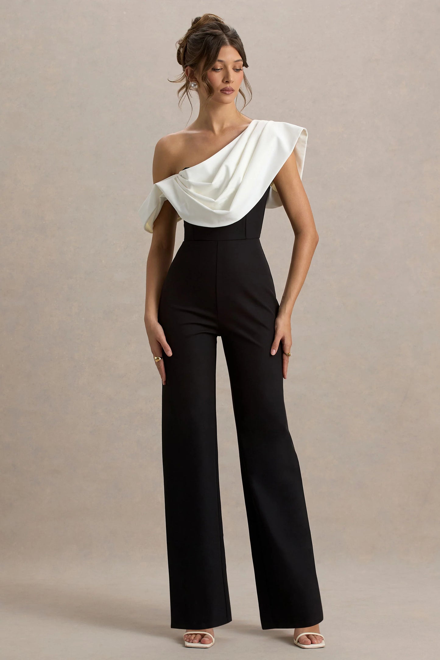 Falling For You Black & White Asymmetric Draped Jumpsuit