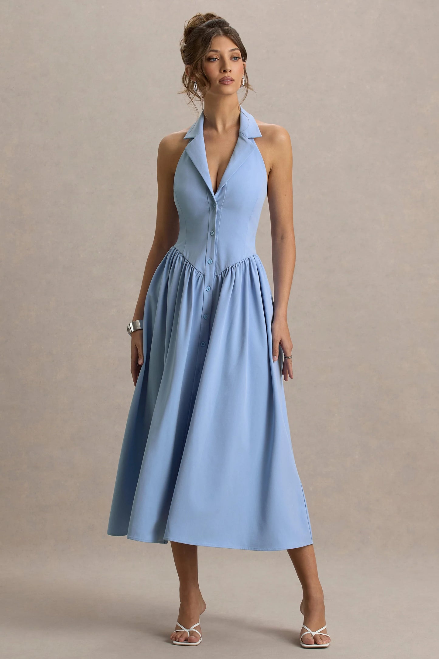 Samsara Light Blue Plunge-Neck Collared Midi Dress
