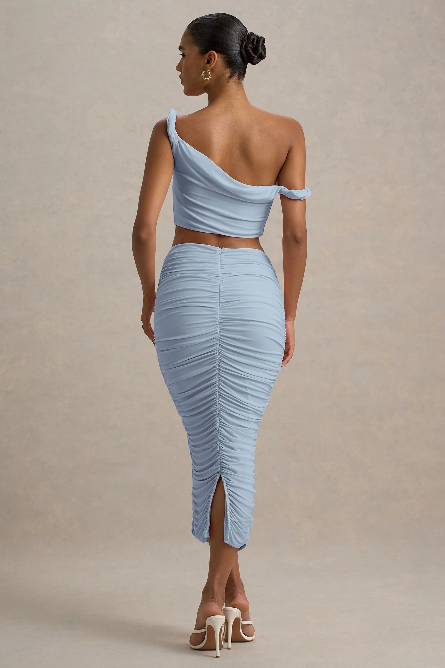 Lively Powder Blue Ruched Midi Skirt