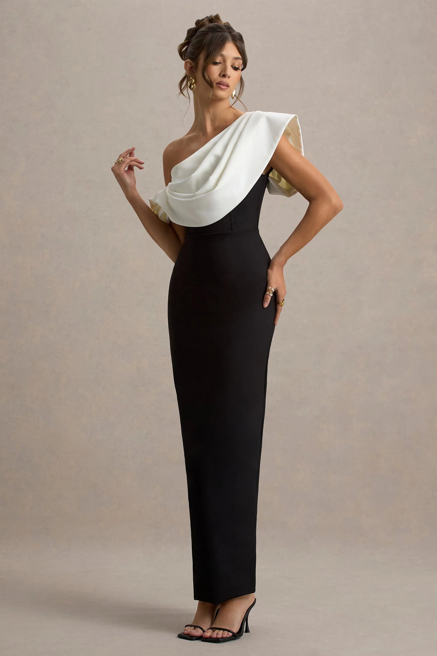 Angelina Black & White Draped Shoulder Maxi Dress
