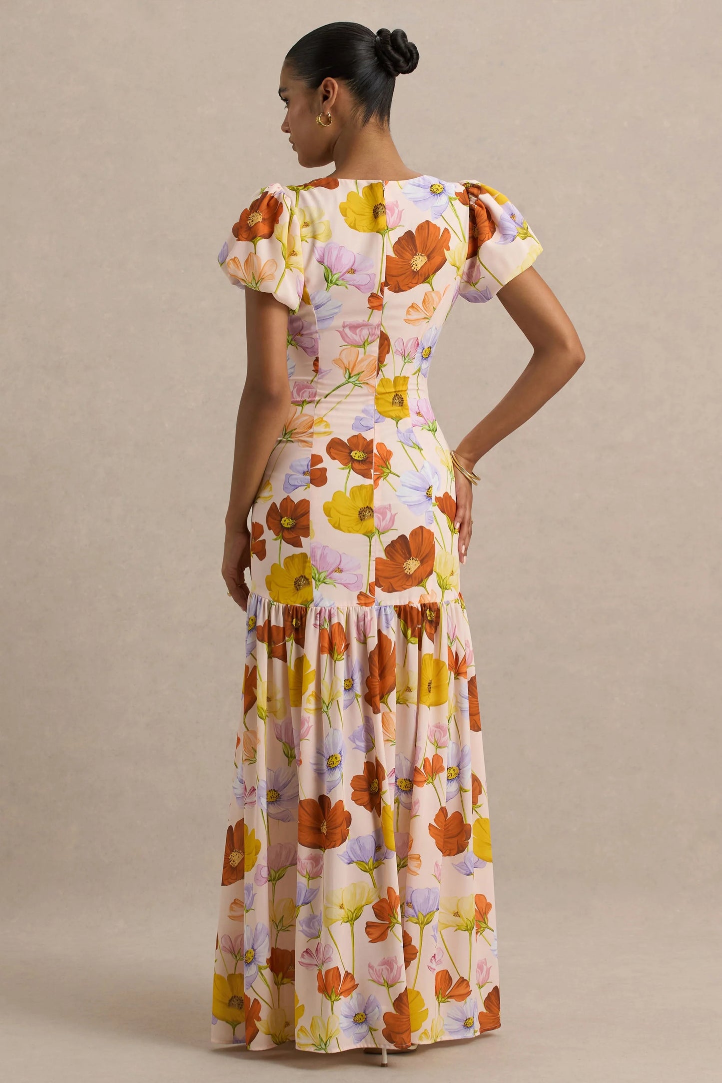 Ginny Bright Floral Print Puff-Sleeve Split Maxi Dress