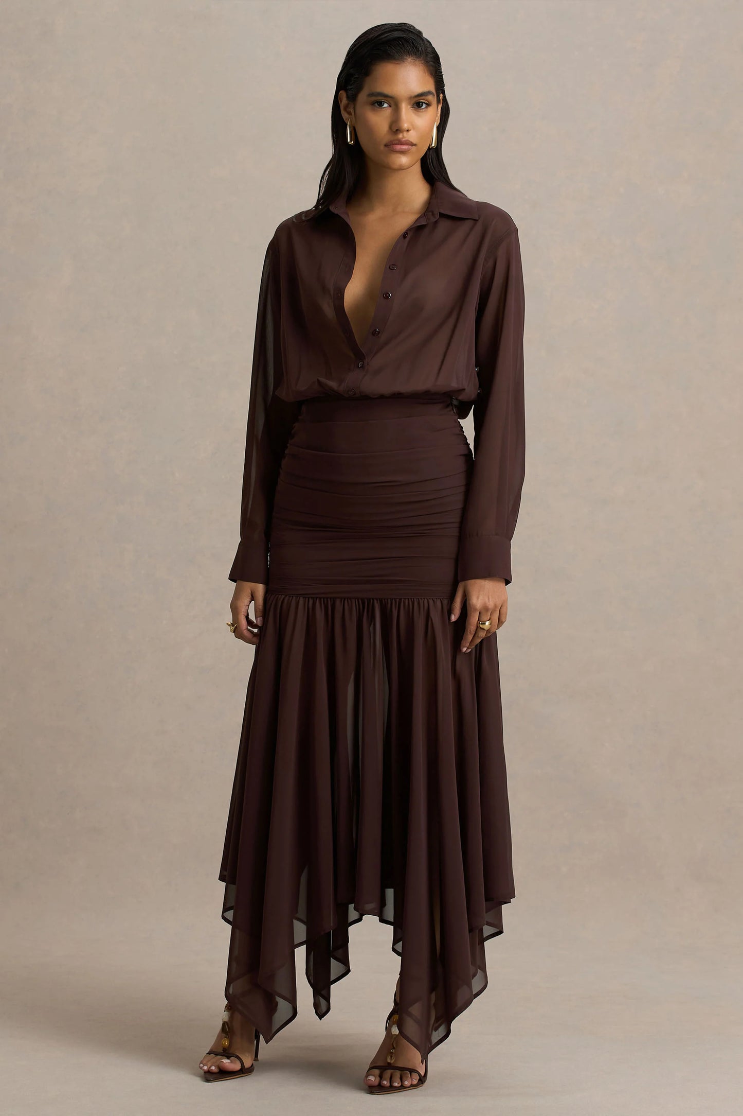 Kris Brown Plunge-Neck Maxi Dress With Ruched Detailing