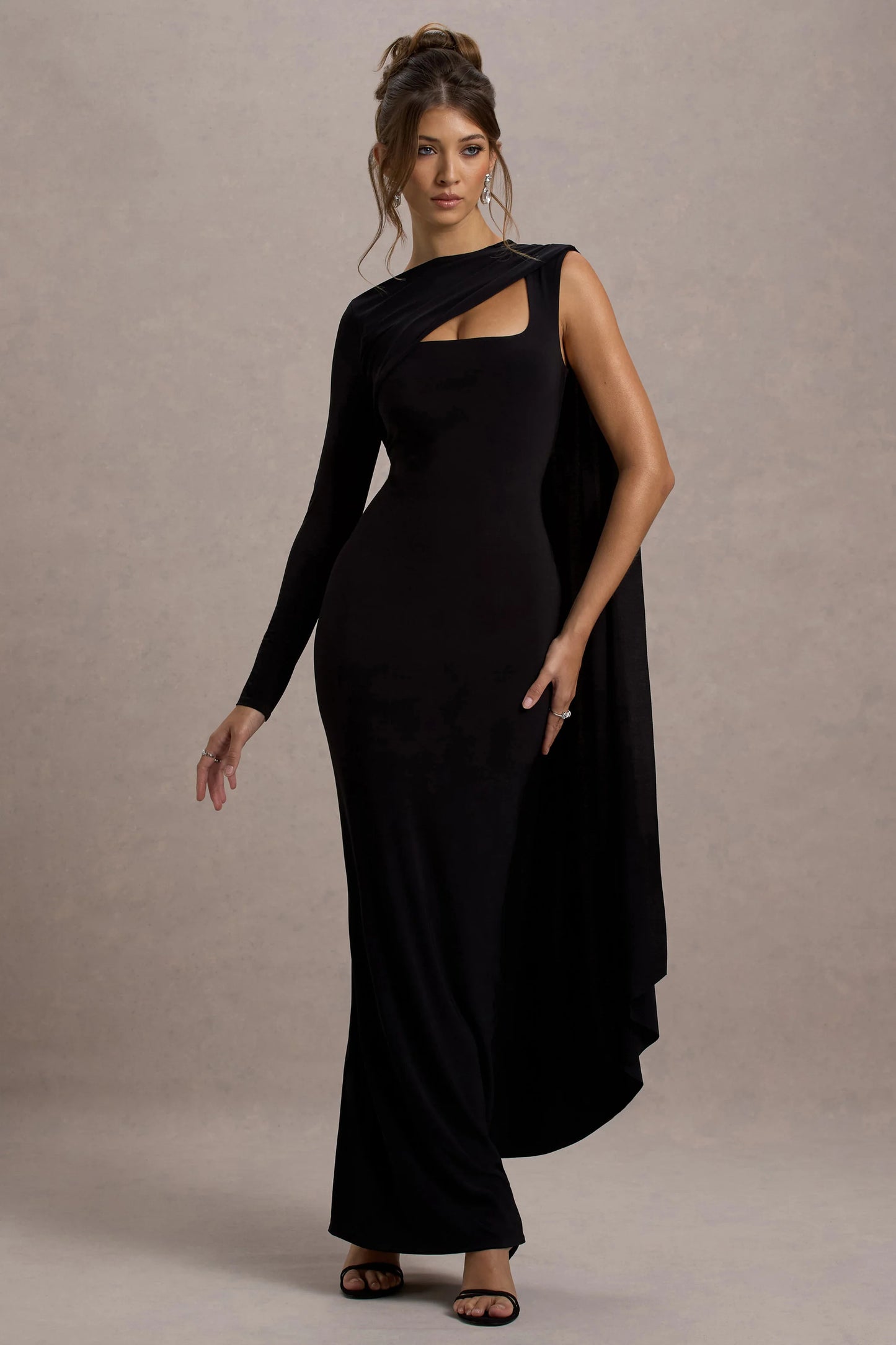 Ashini Black One-Sleeve Maxi Dress With Cape