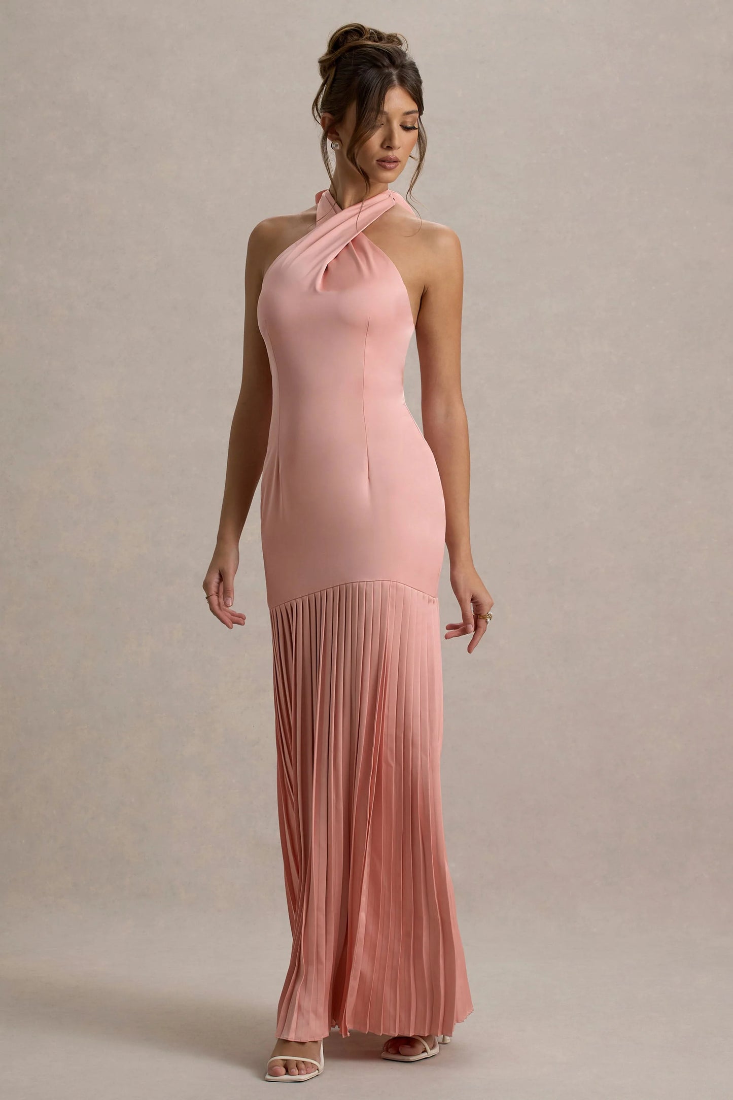 Sansa Light Pink Satin Cross Halter-Neck Plisse Maxi Dress