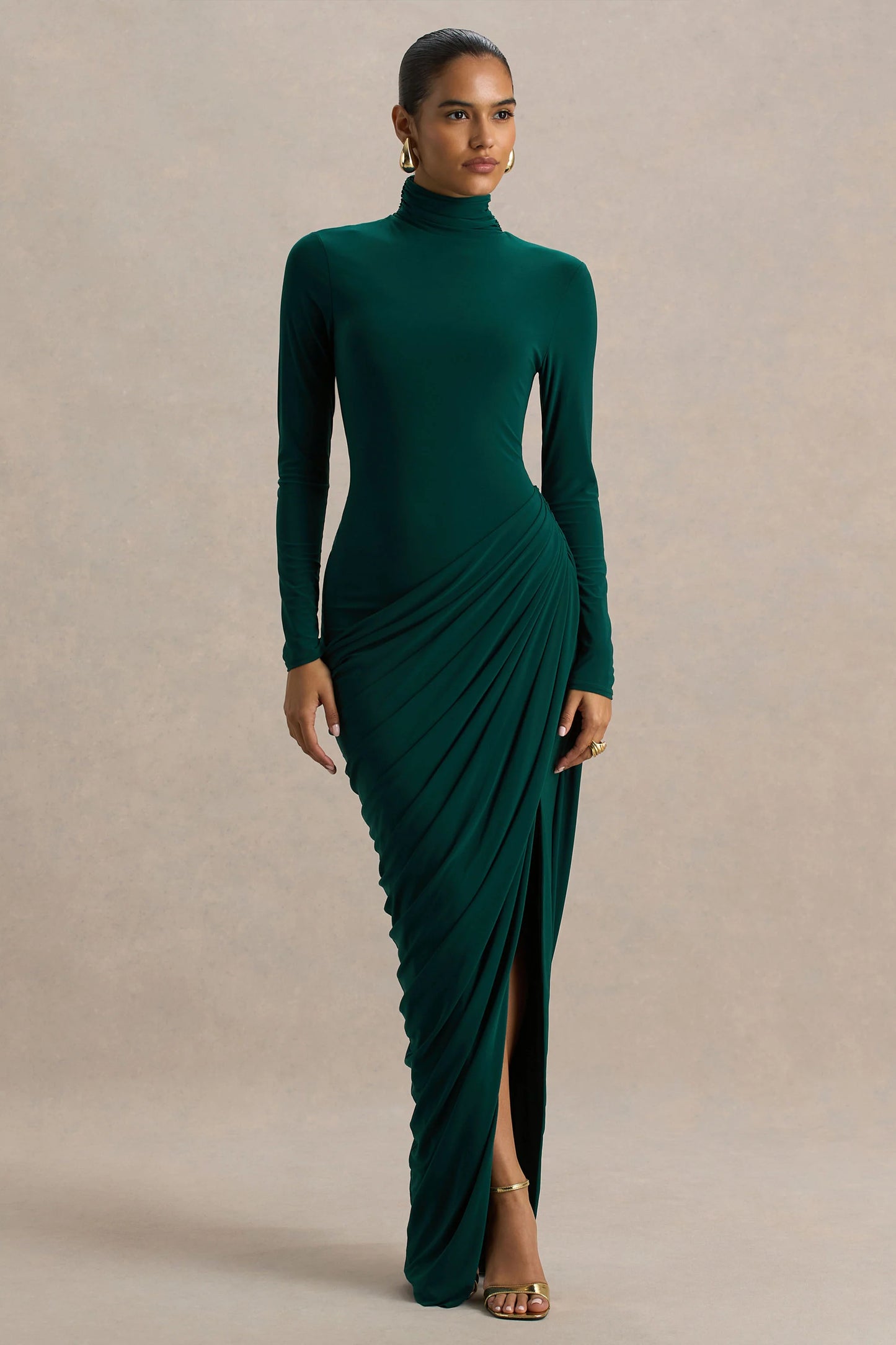 Betsy Bottle Green High-Neck Maxi Dress With Front Split And Ruched Detailing