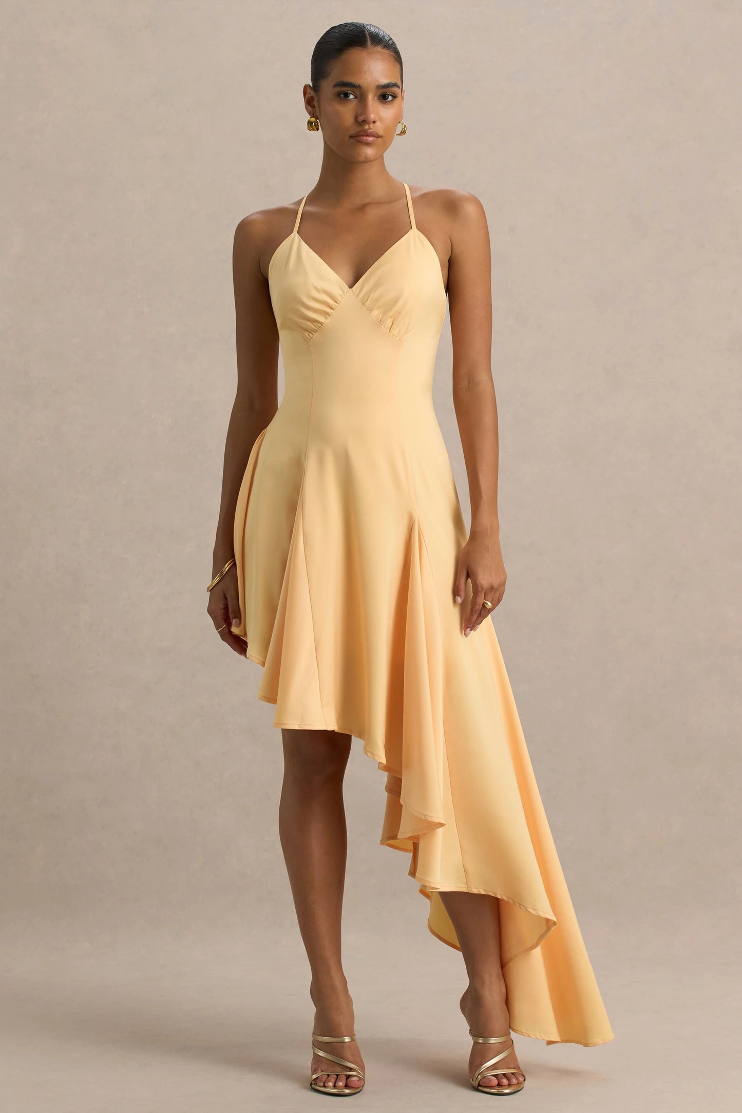 Glint Peach Satin Plunge-Neck Maxi Dress With Asymmetric Hem