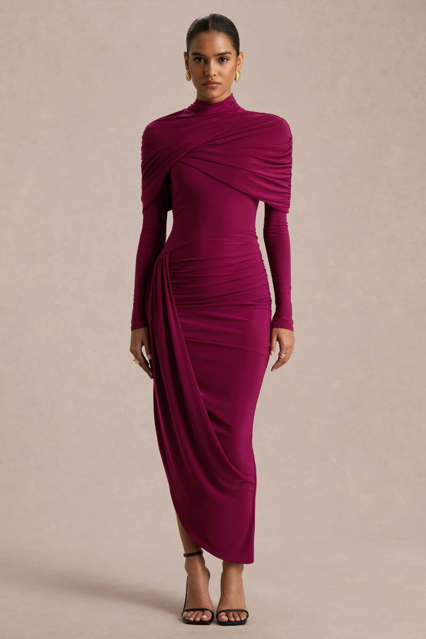 Aneira Burgundy High-Neck Maxi Dress With Cape Sleeves