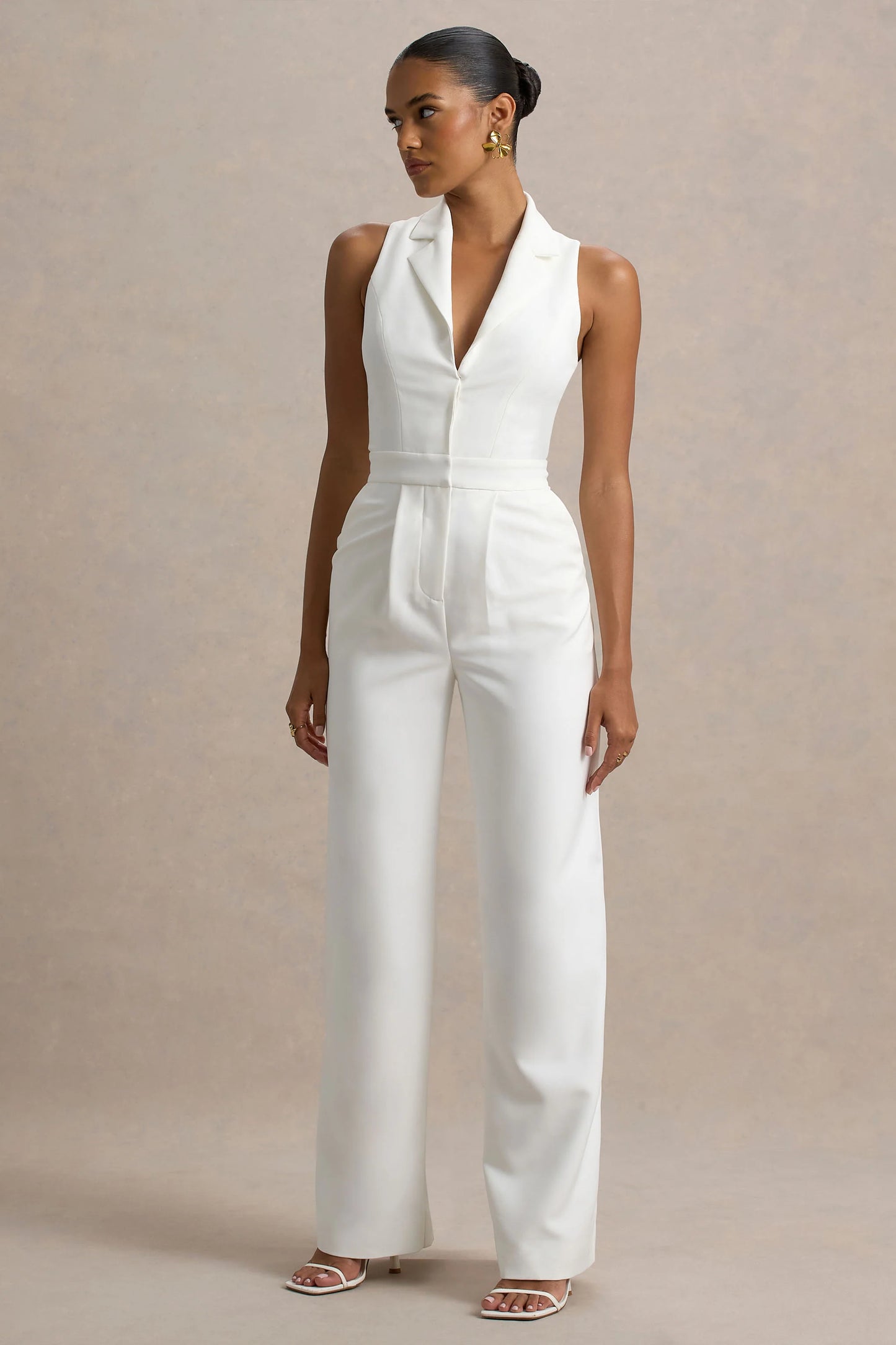 Trixie White Plunge-Neck Tailored Jumpsuit