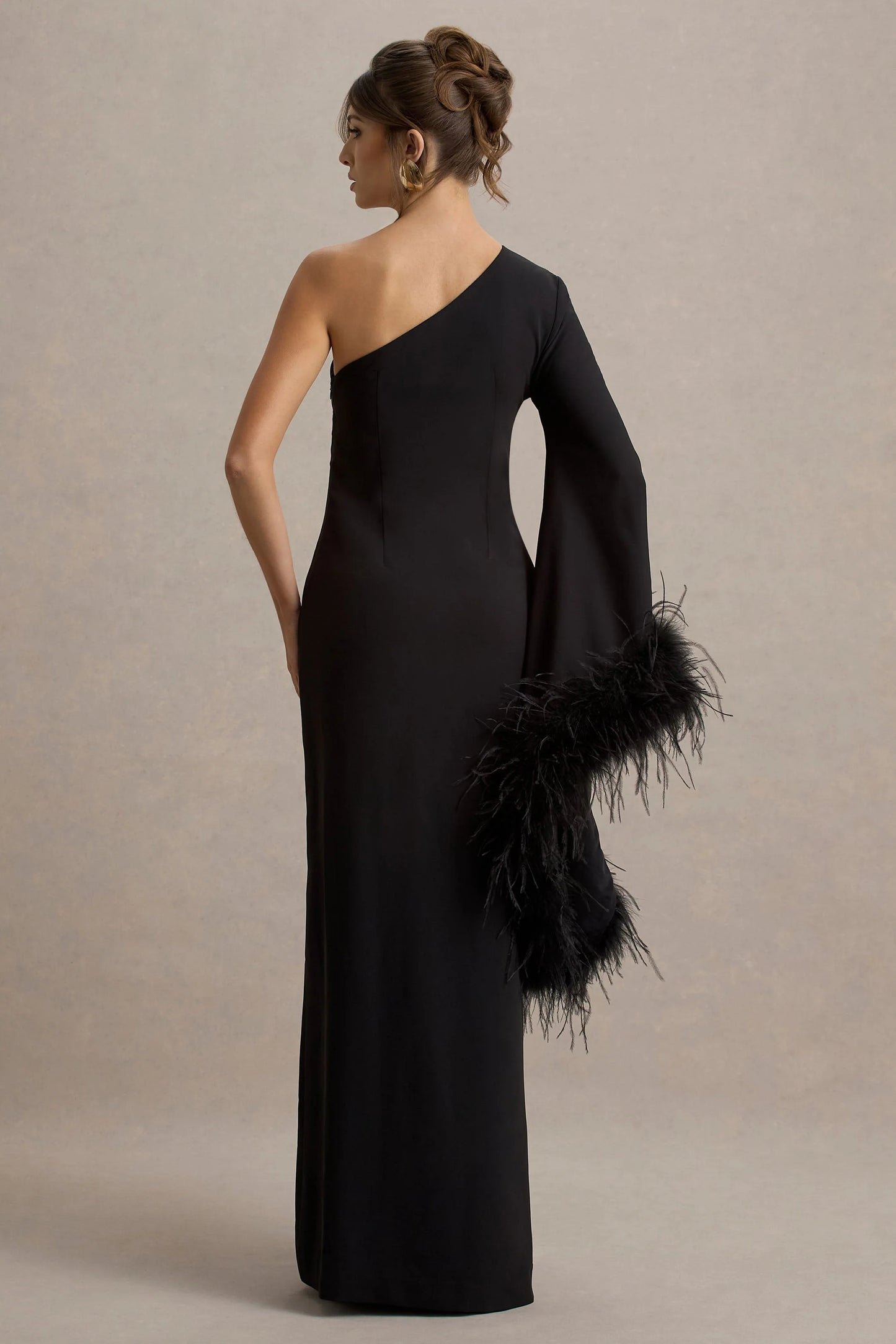 Armina Black One-Shoulder Feather-Trim Maxi Dress