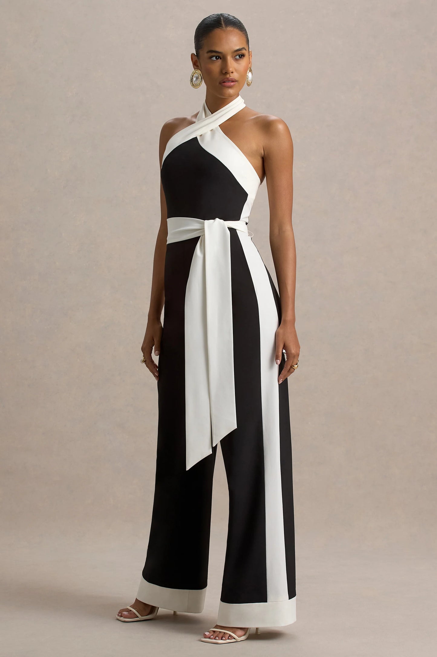 Caterina Black & White Halter-Neck Wide-Leg Jumpsuit