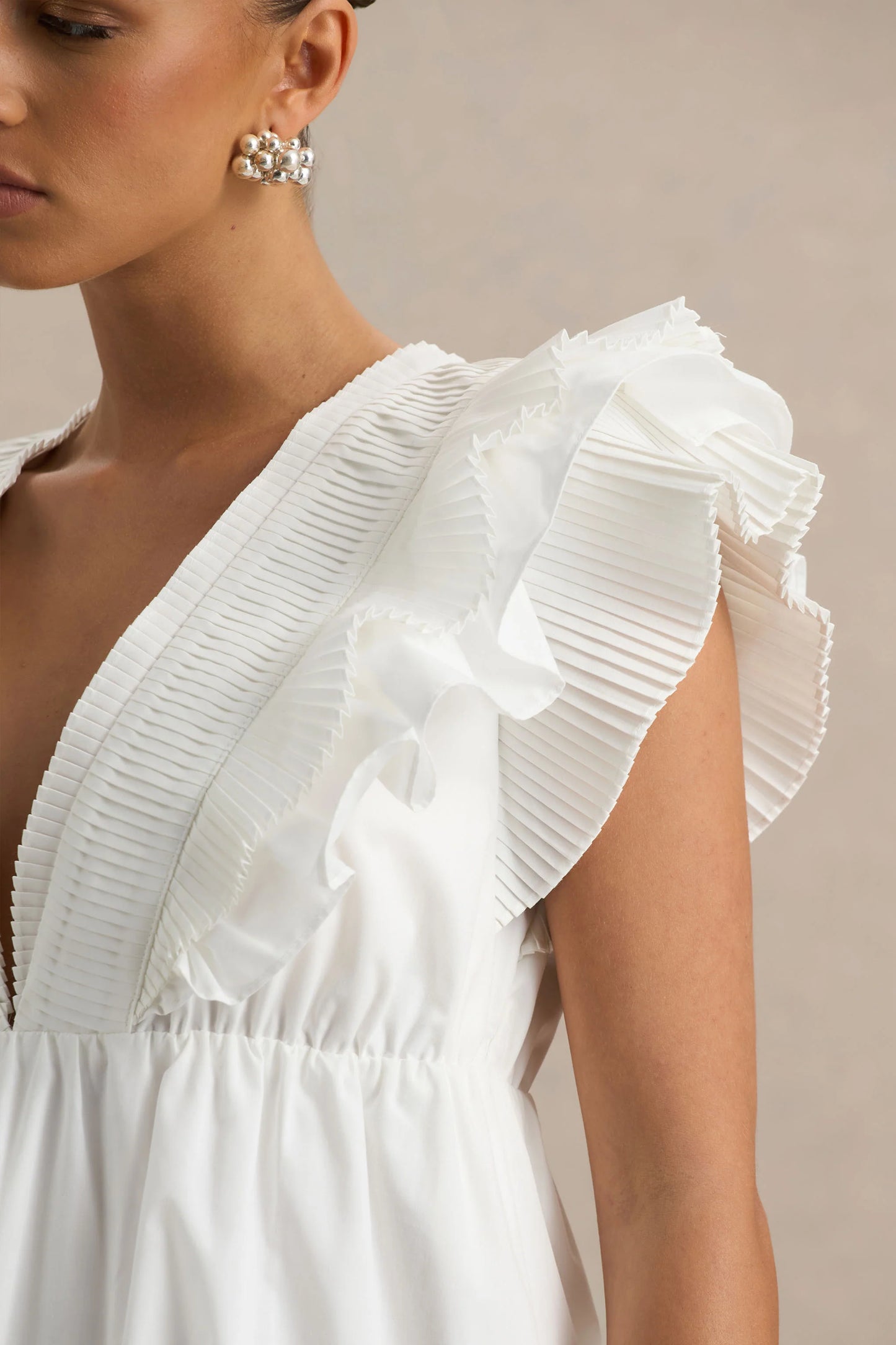 Judie White Poplin V-Neck Ruffled Mini Dress
