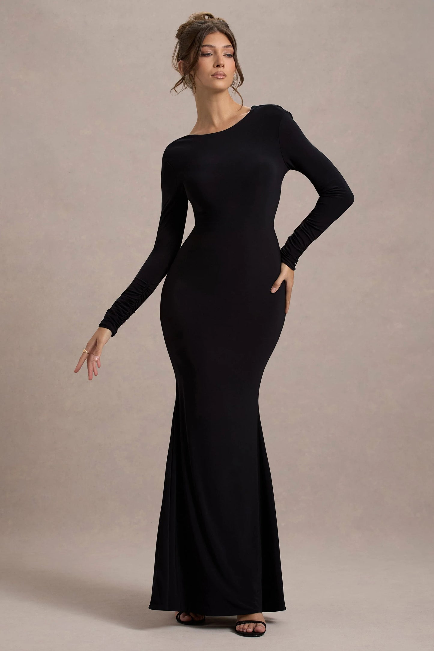 Rosalee Black Long-Sleeve Cowl-Back Maxi Dress With Bows
