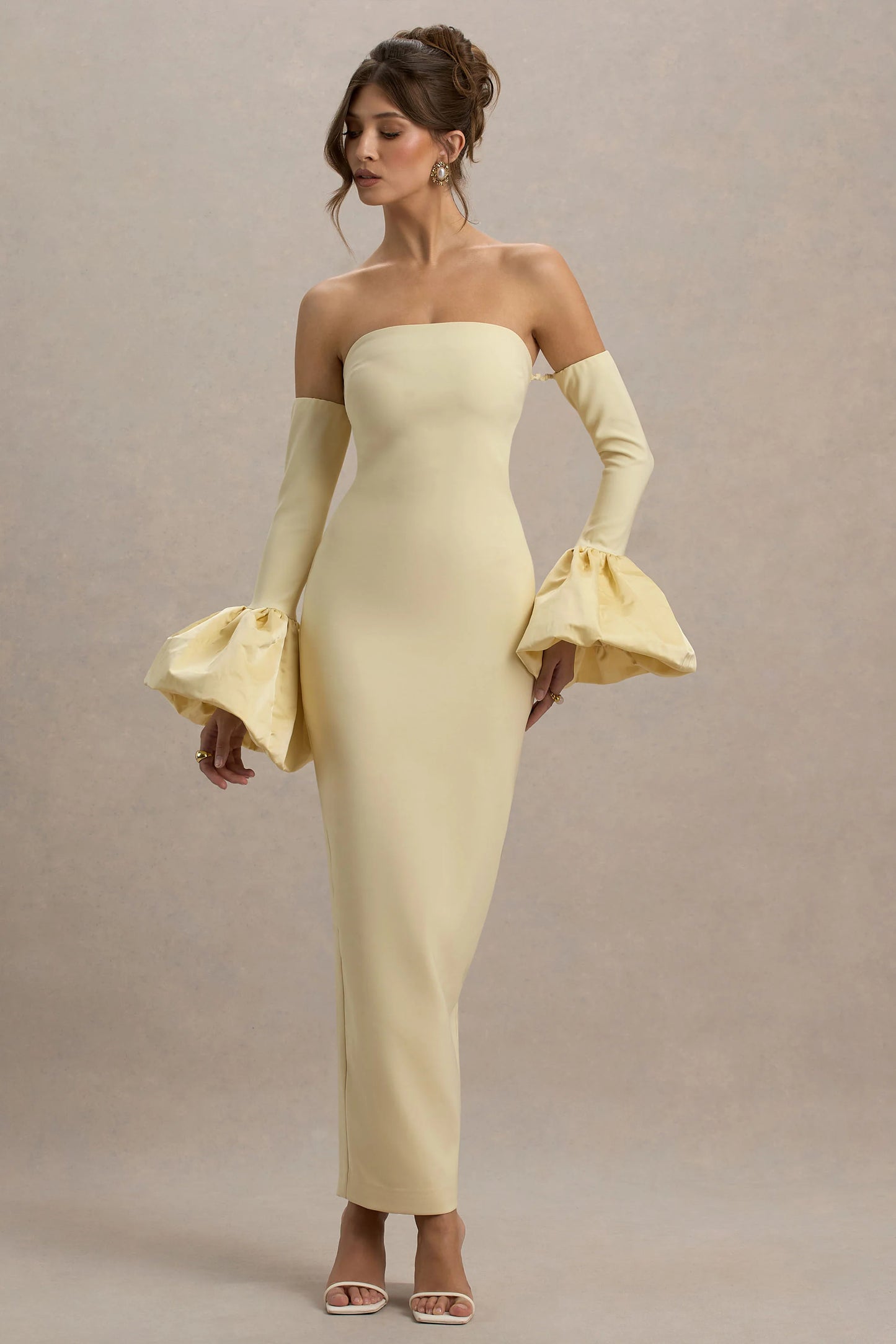 Myah Lemon Bandeau Long-Sleeve Maxi Dress With Puff Cuffs
