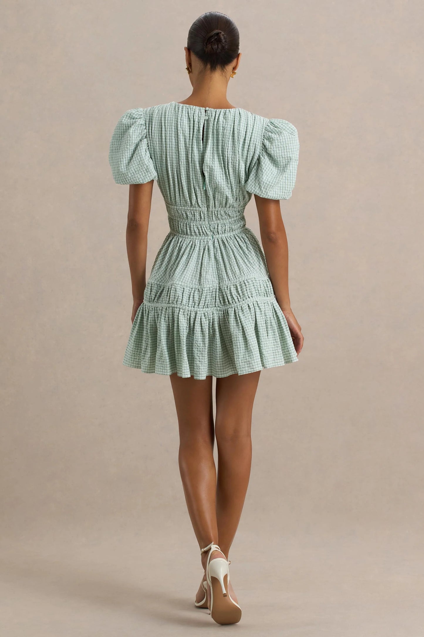 Laurelle Green Extreme Plunge-Neck Mini Dress With Ruffling Detail