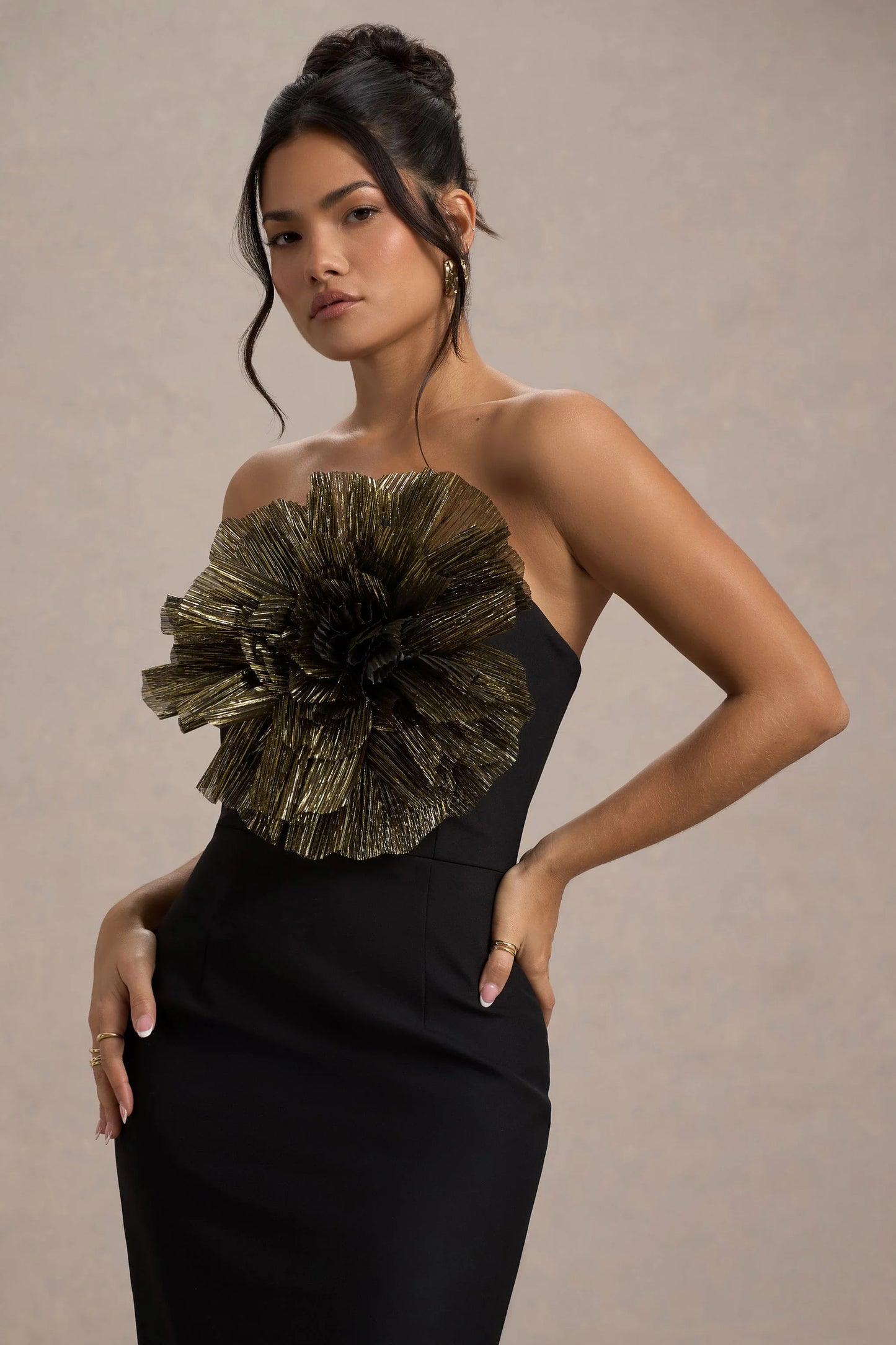 Moya Black & Gold Bodycon Midi Dress With Corsage Detail