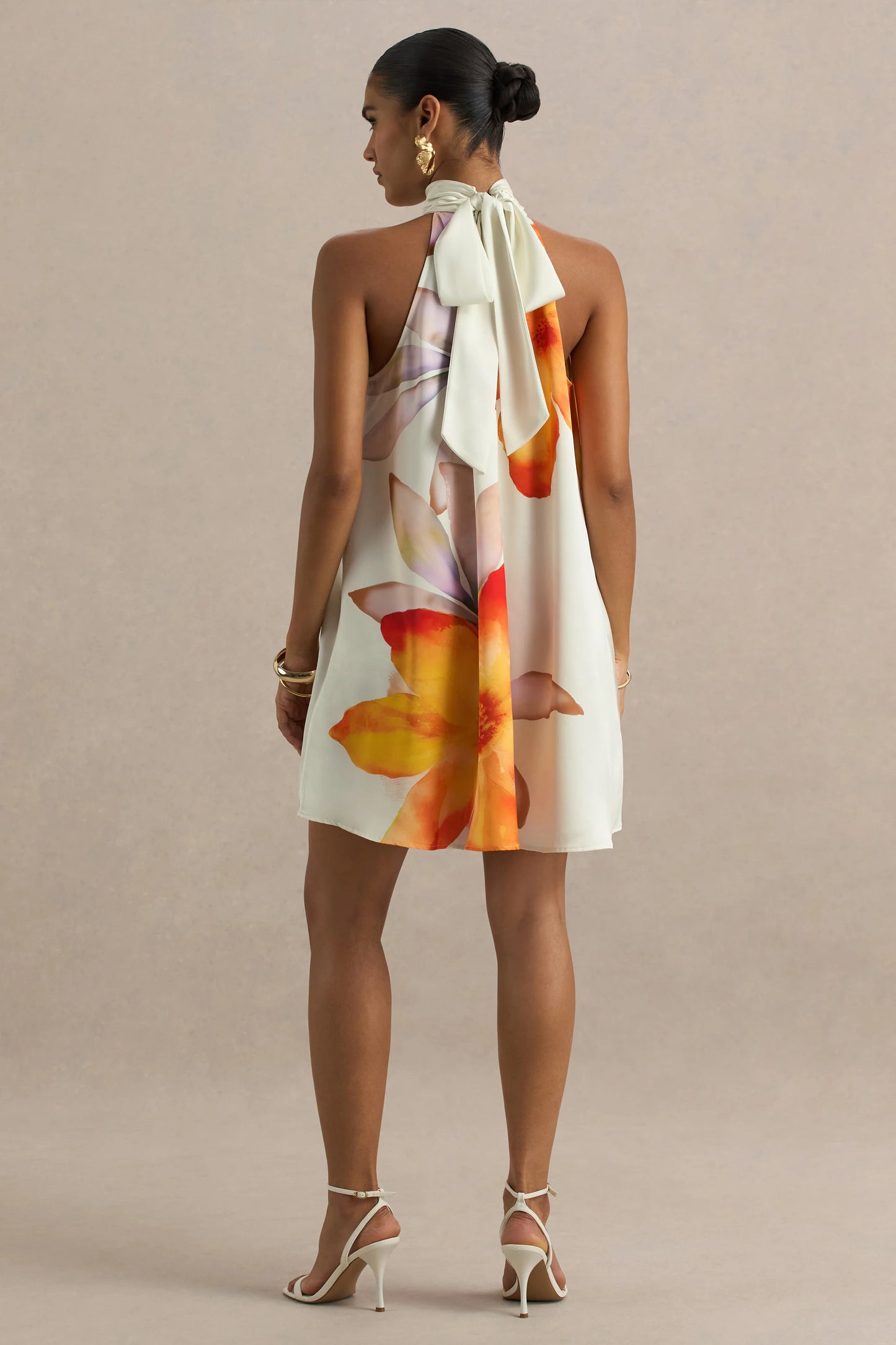 Evita Orange Floral High-Neck Satin Mini Dress