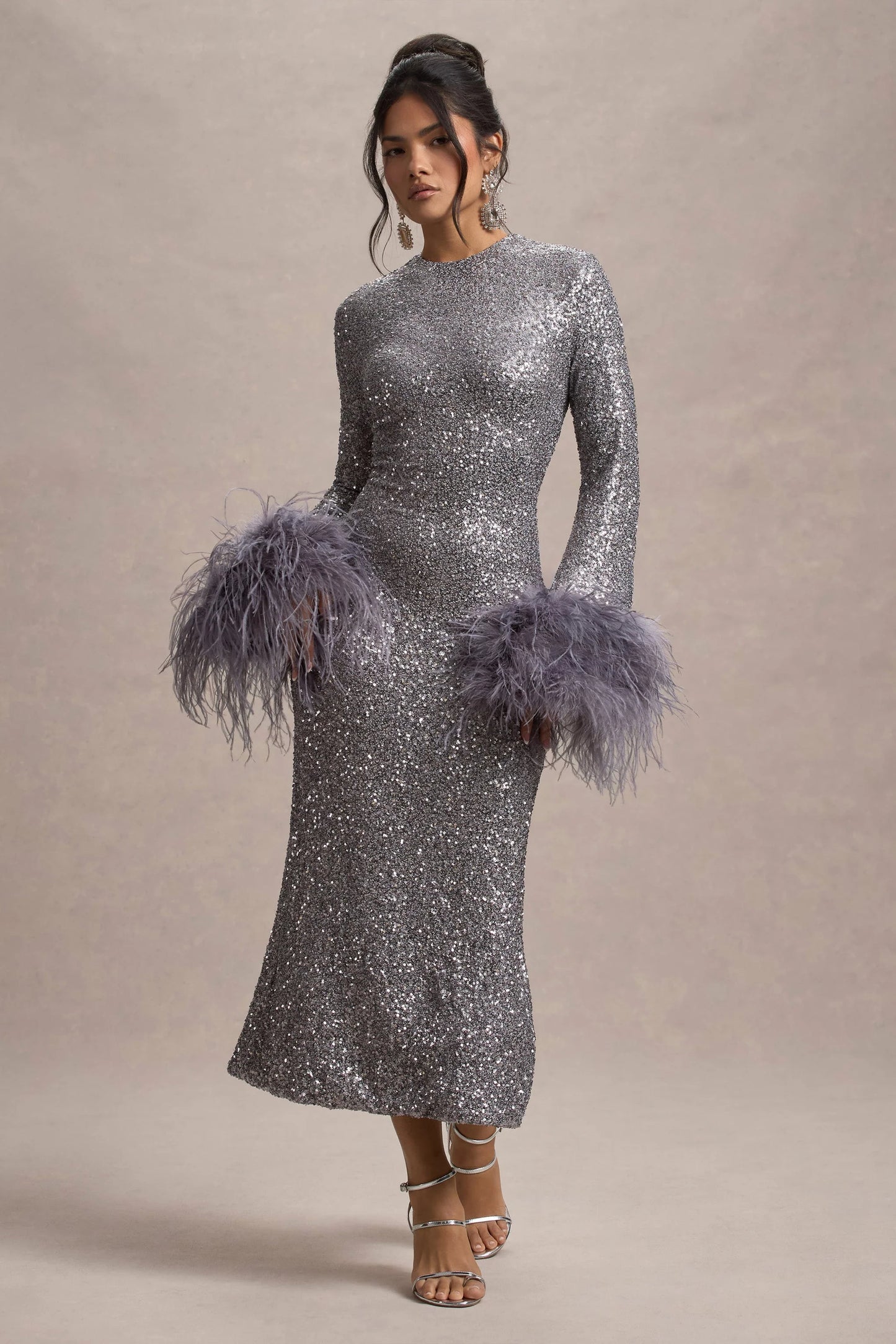 North Star Silver Sequin Long-Sleeve Midi Dress With Feather Cuffs