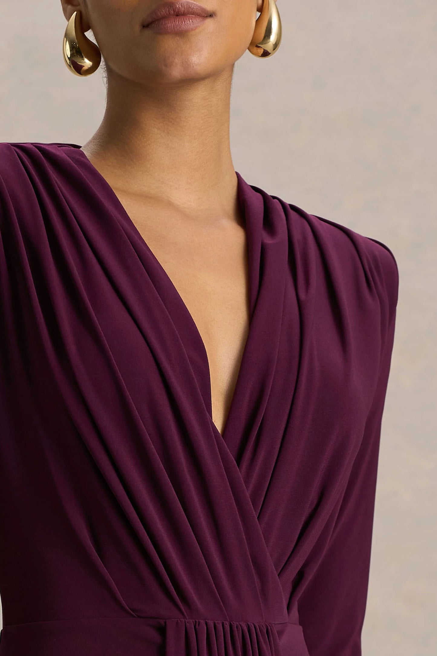 Flashy Burgundy Plunge-Neck Maxi Dress With Ruched Detailing