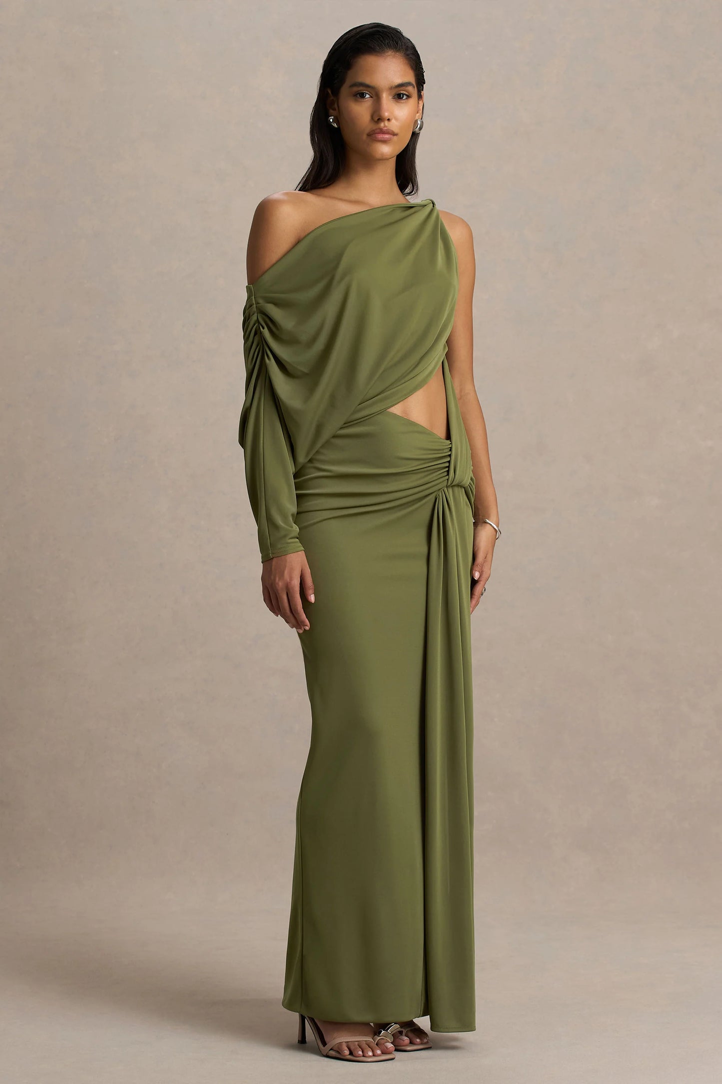 Layla Olive Asymmetric-Neck Wrap Maxi Dress With Body Cut-Out And Ruched Detailing