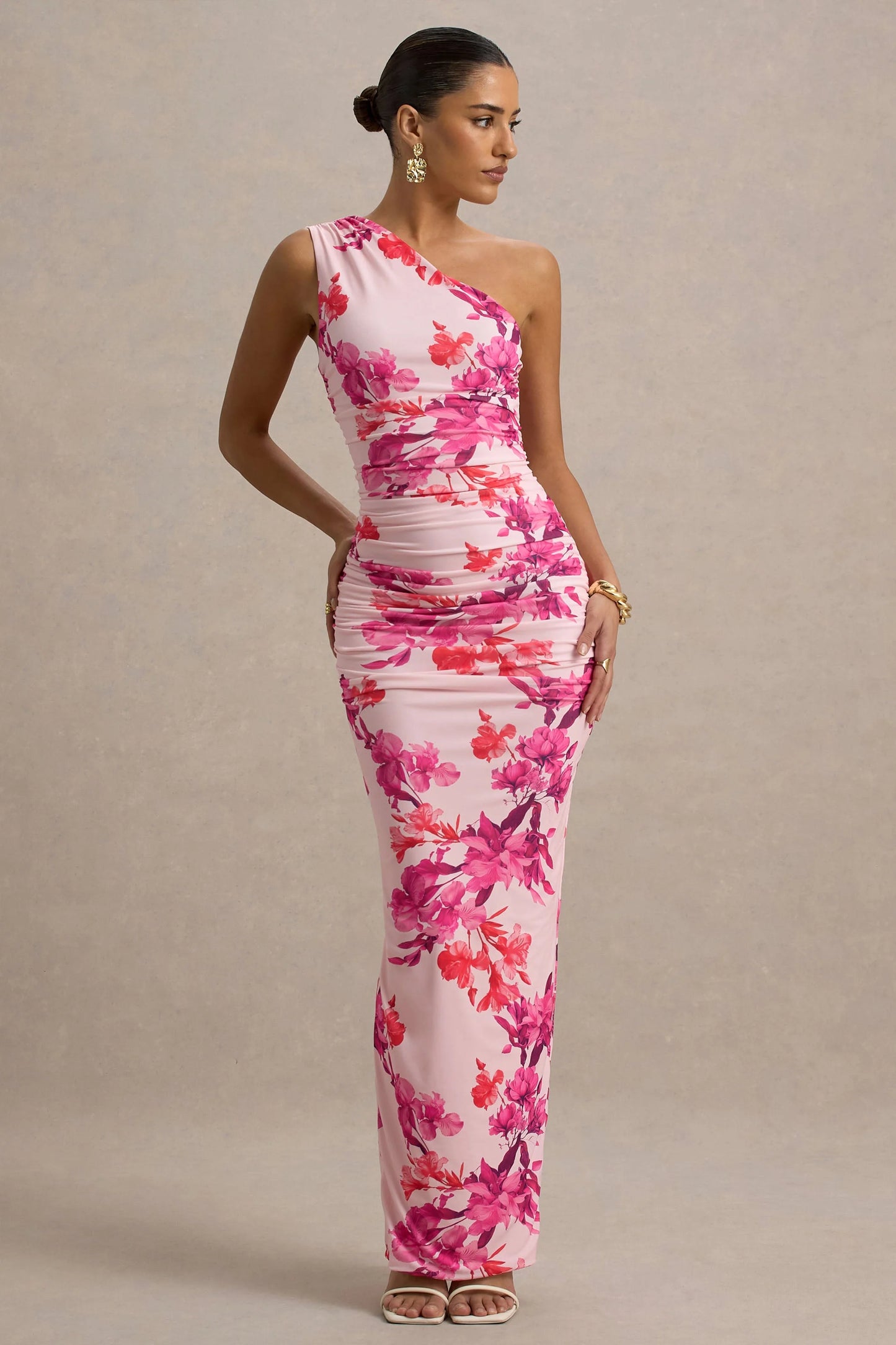 Dalarie Pink and Orange Floral Print One-Shoulder Gathered Maxi Dress