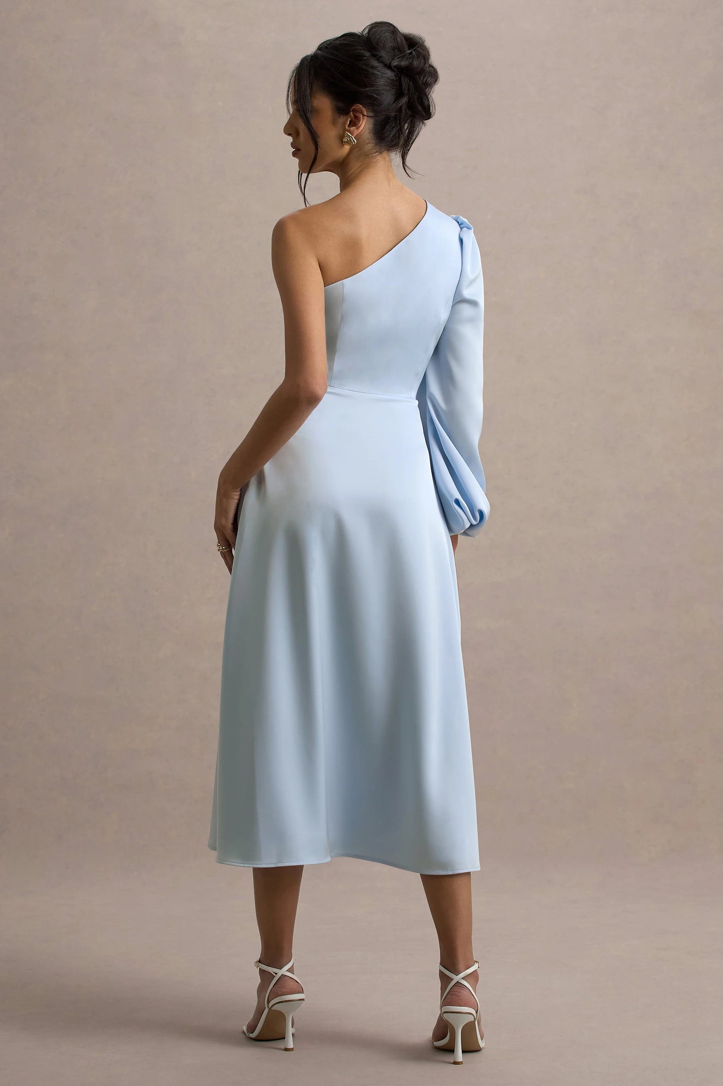Haila Powder Blue Satin One-Shoulder Midi Dress