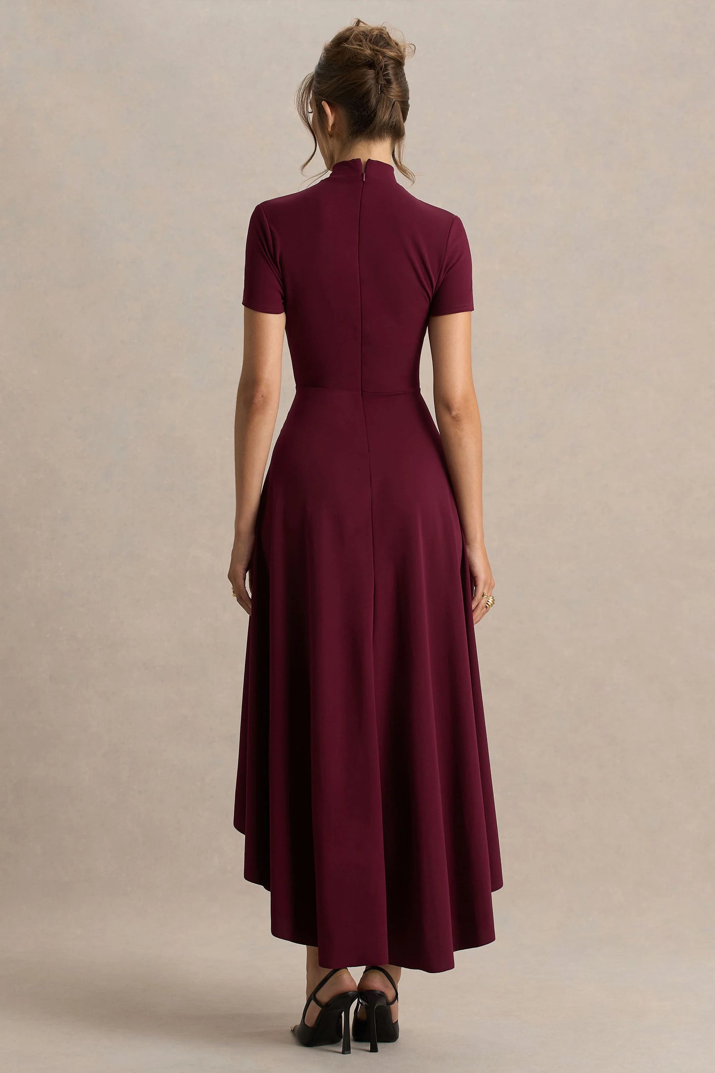 Bellona Burgundy High-Neck High-Low Midi Dress