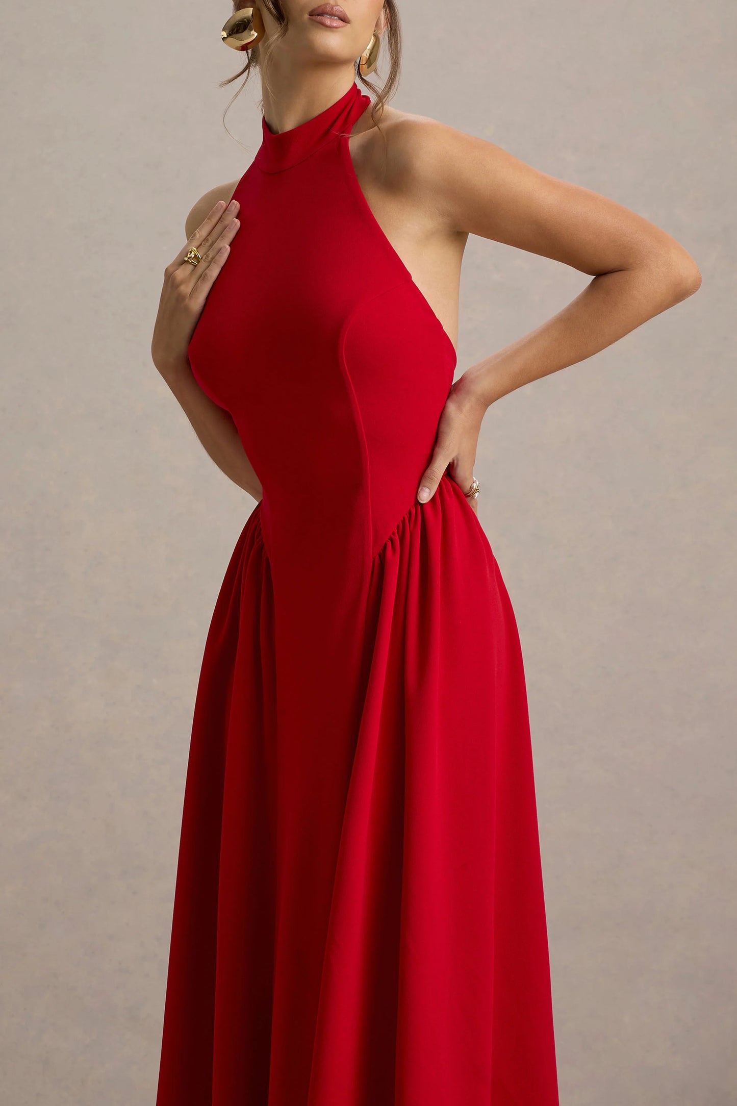 Cynthia Red High-Neck Maxi Dress With Volume Skirt