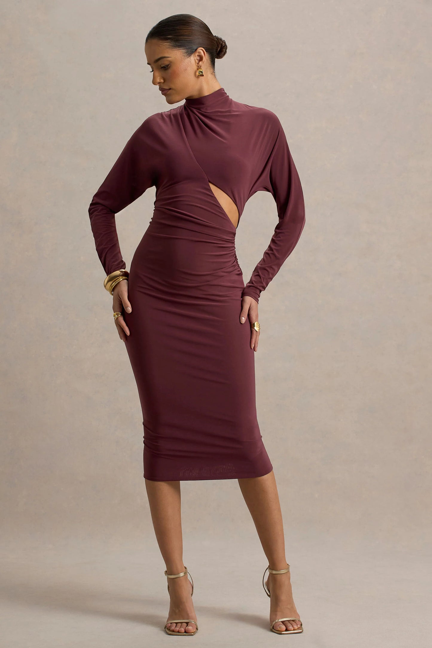 Pandora Burgundy Long-Sleeve Midi Dress With Cut-Out