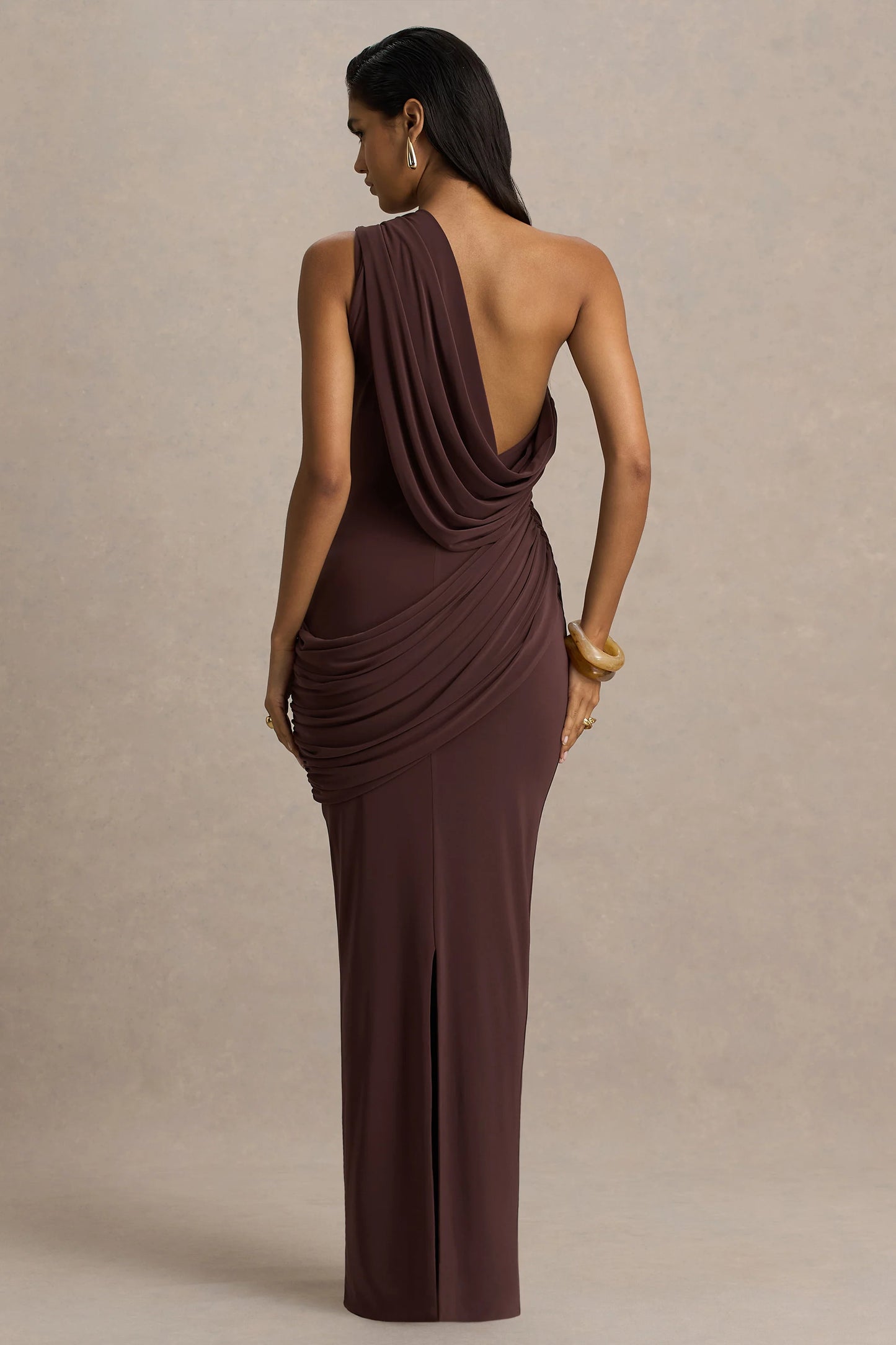 Elisa Brown Asymmetric-Neck Maxi Dress With Open-Back And Ruched Detailing