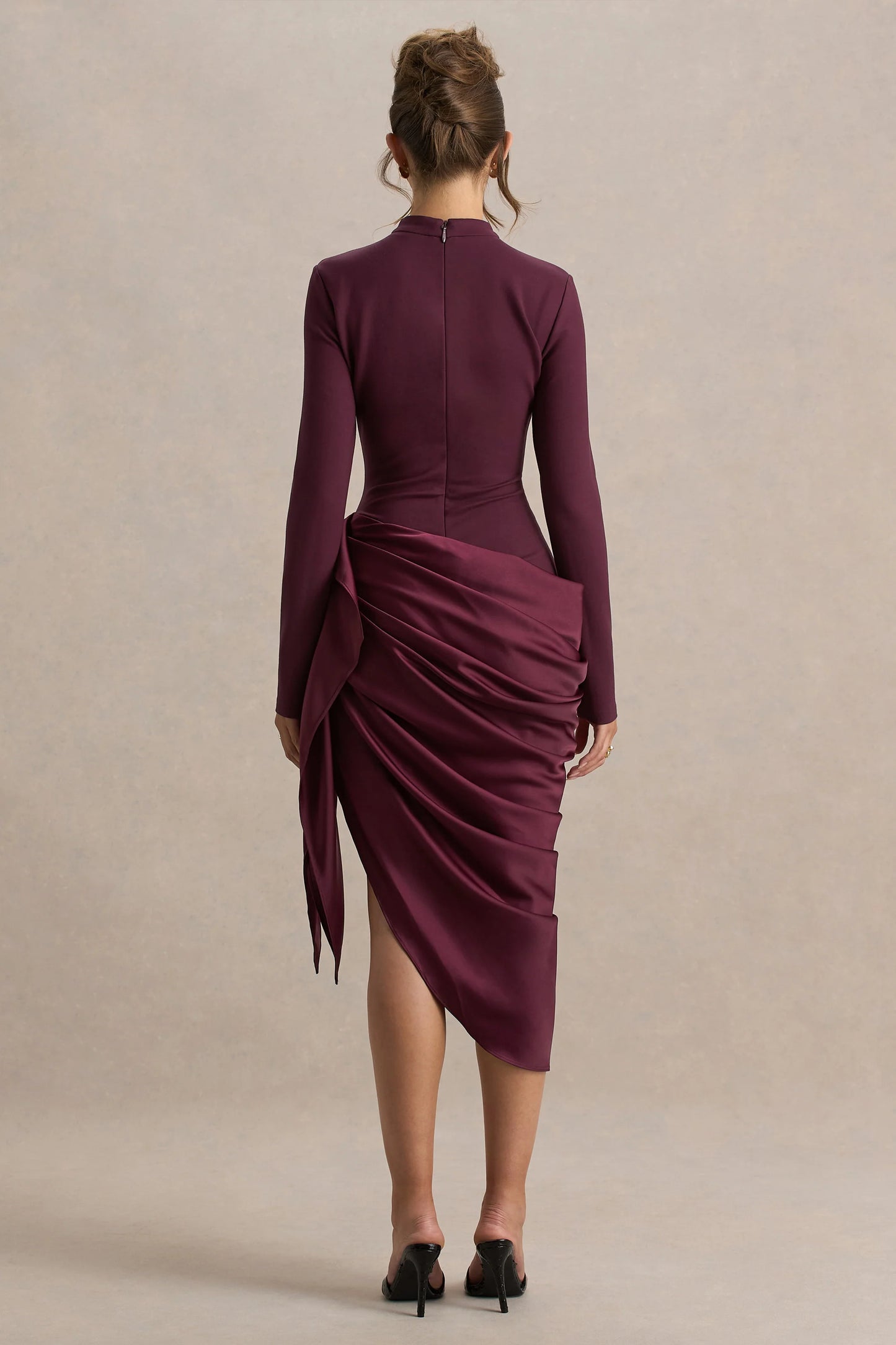 Raffie Plum Long-Sleeve Midi Dress With Satin Wrap Skirt