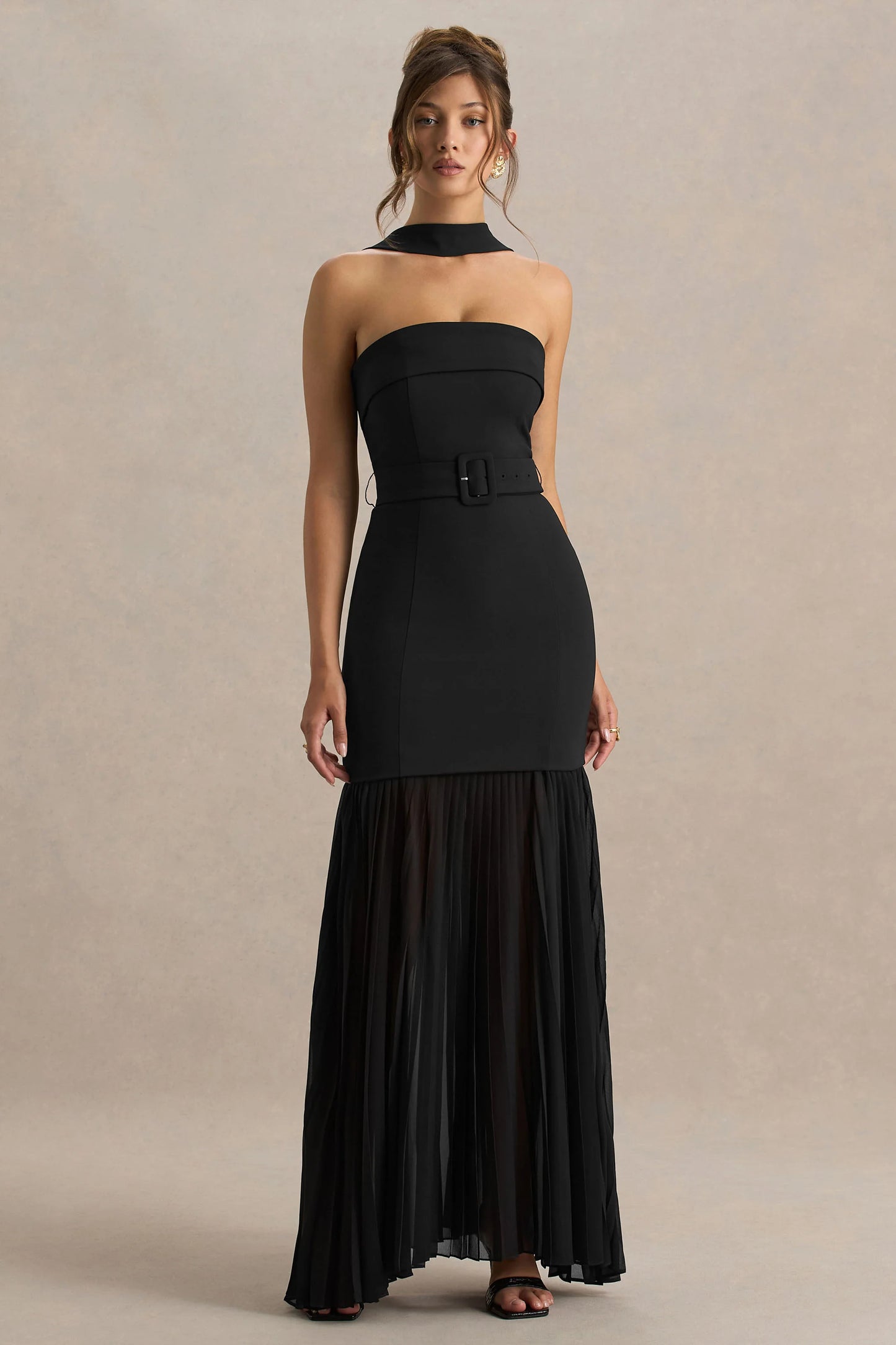 Jaquetta Black Belted Maxi Dress With Pleated Chiffon Skirt
