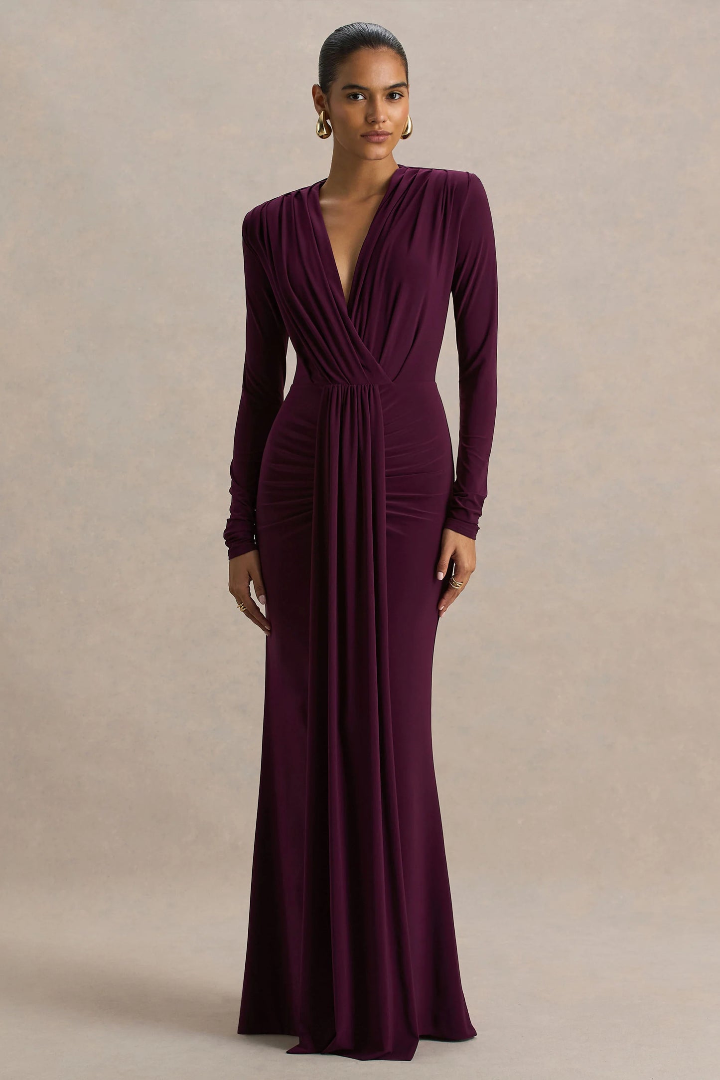 Flashy Burgundy Plunge-Neck Maxi Dress With Ruched Detailing
