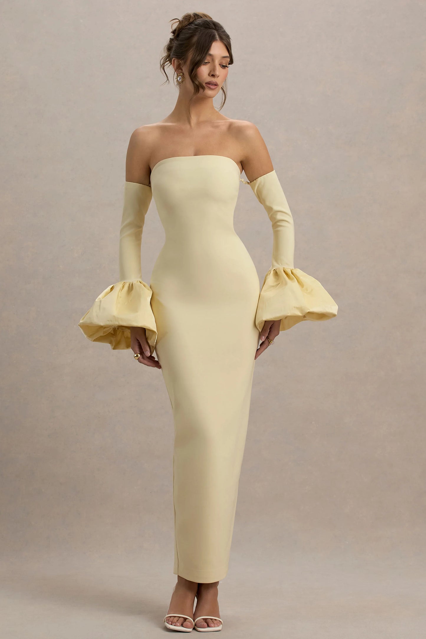 Myah Lemon Bandeau Long-Sleeve Maxi Dress With Puff Cuffs