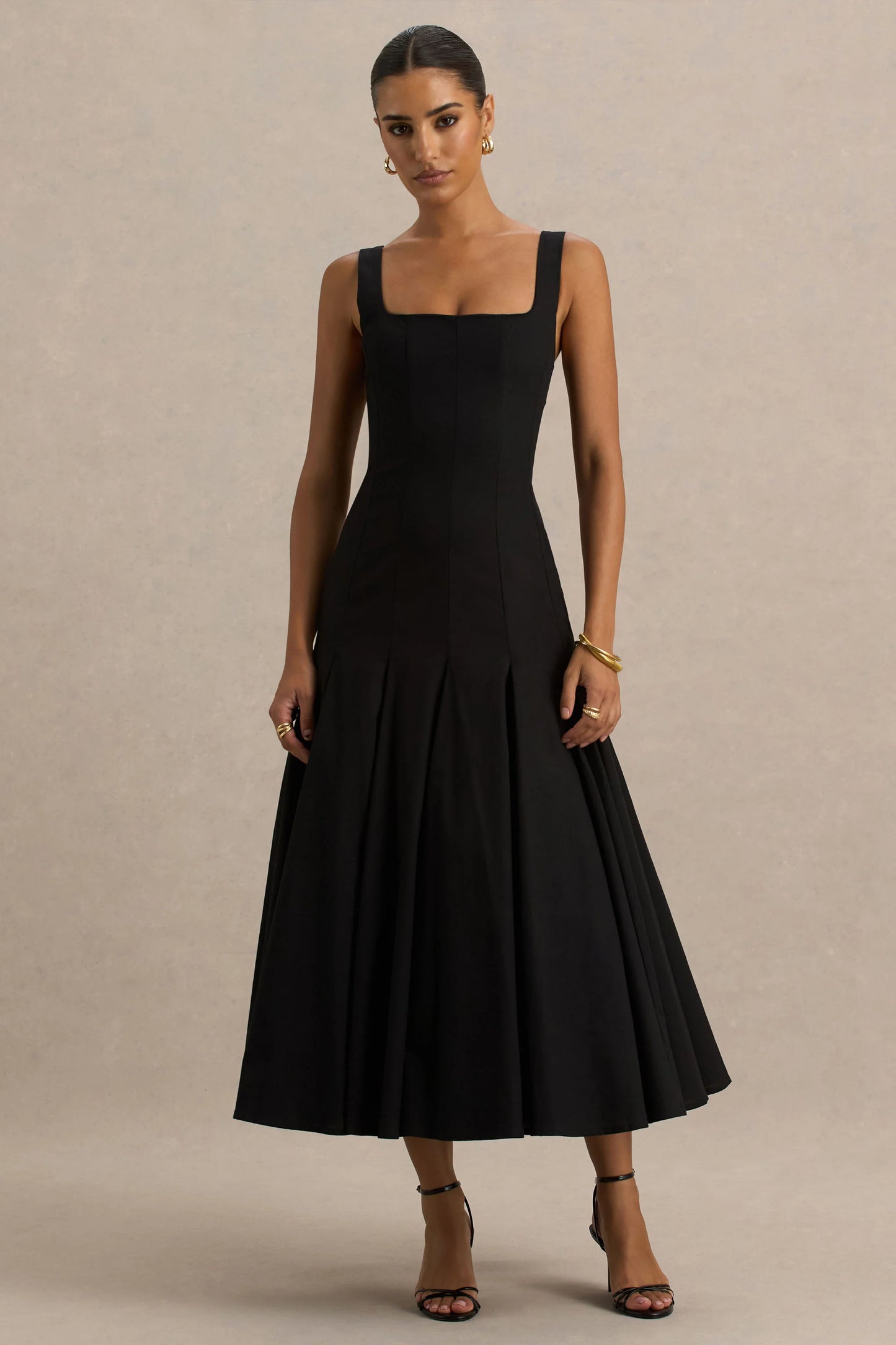 Magnolia Black Scoop-Neck Midi Dress With Drop-Waist And Ruffling Detail