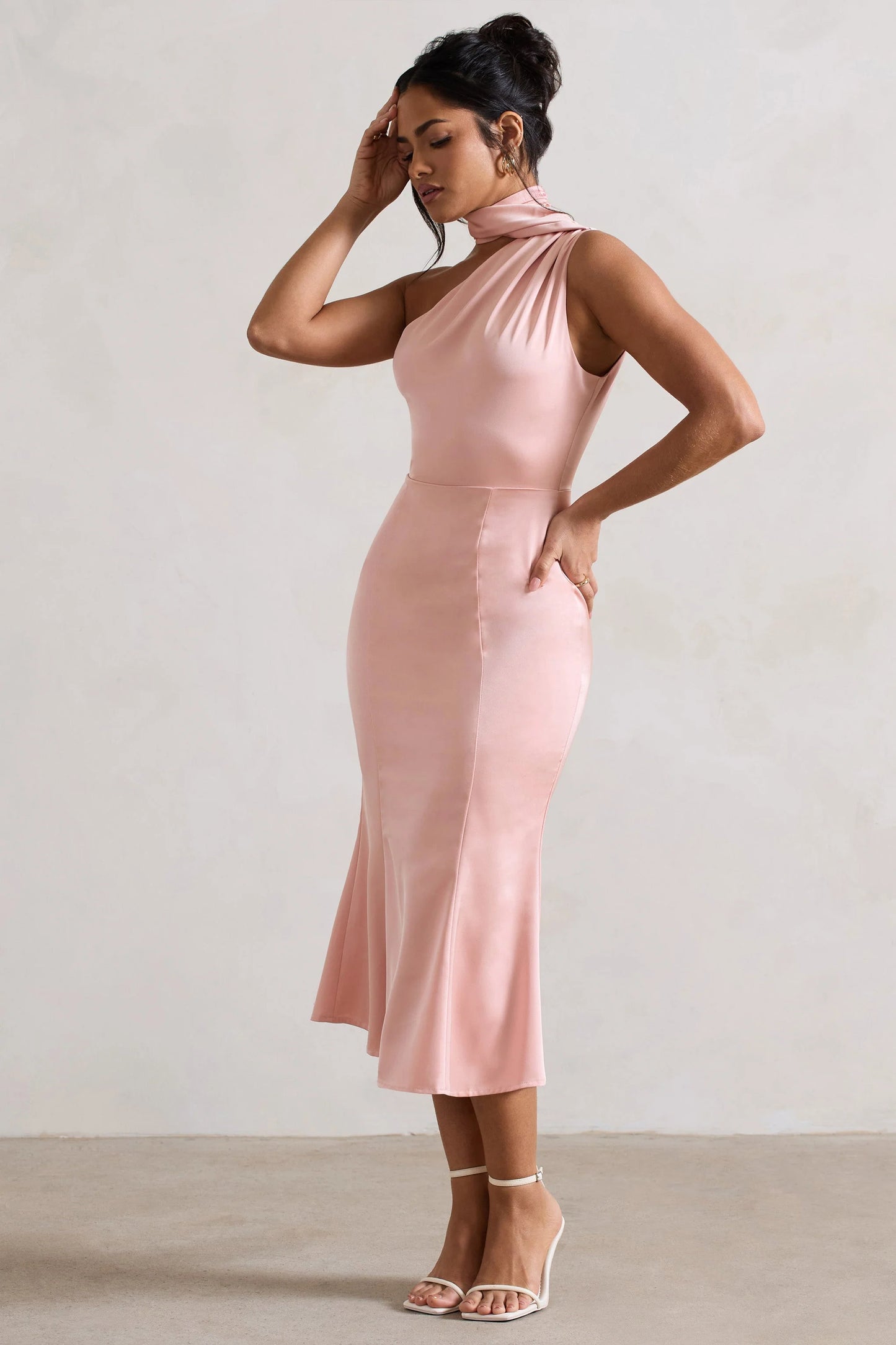 Golden Girl Blush Pink Satin One Shoulder High-Neck Flared Midi Dress
