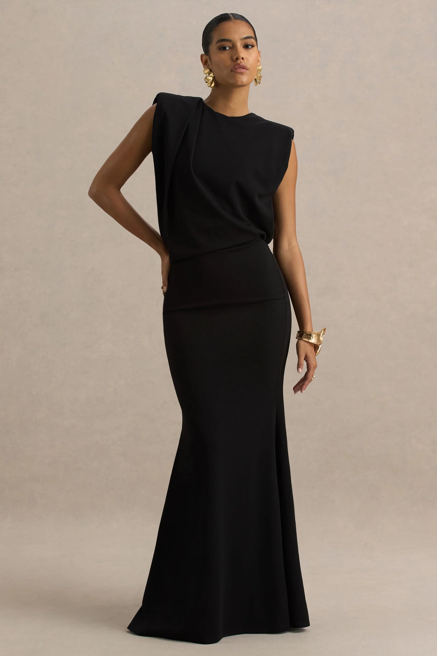 Meave Black Boat-Neck Maxi Dress With Draped Detail