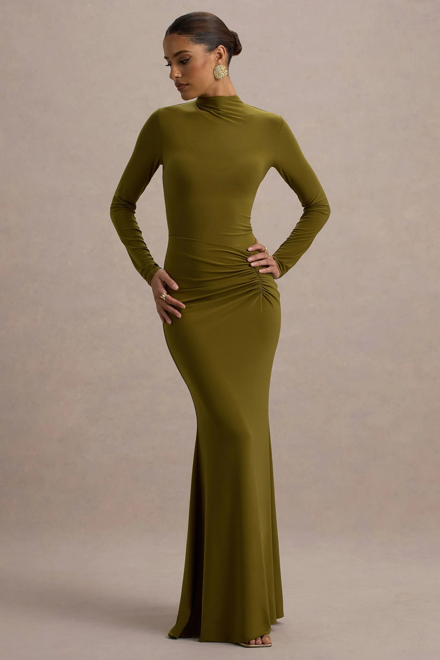 Reid Green Long-Sleeve Gathered Maxi Dress