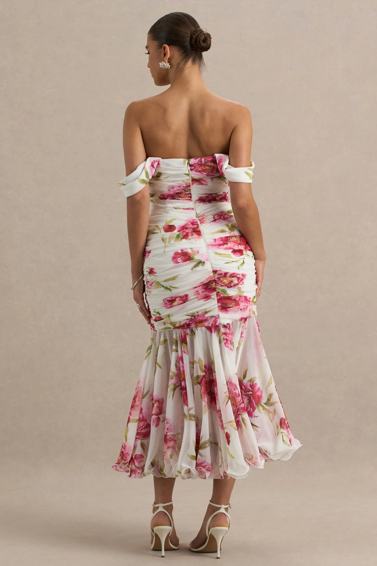 Madelyn Cream Floral Print Short-Sleeve Bardot Wrap Maxi Dress With Ruching